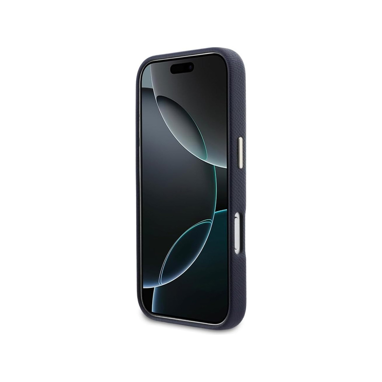 Un telefono blu scuro con schermo scuro e anelli.