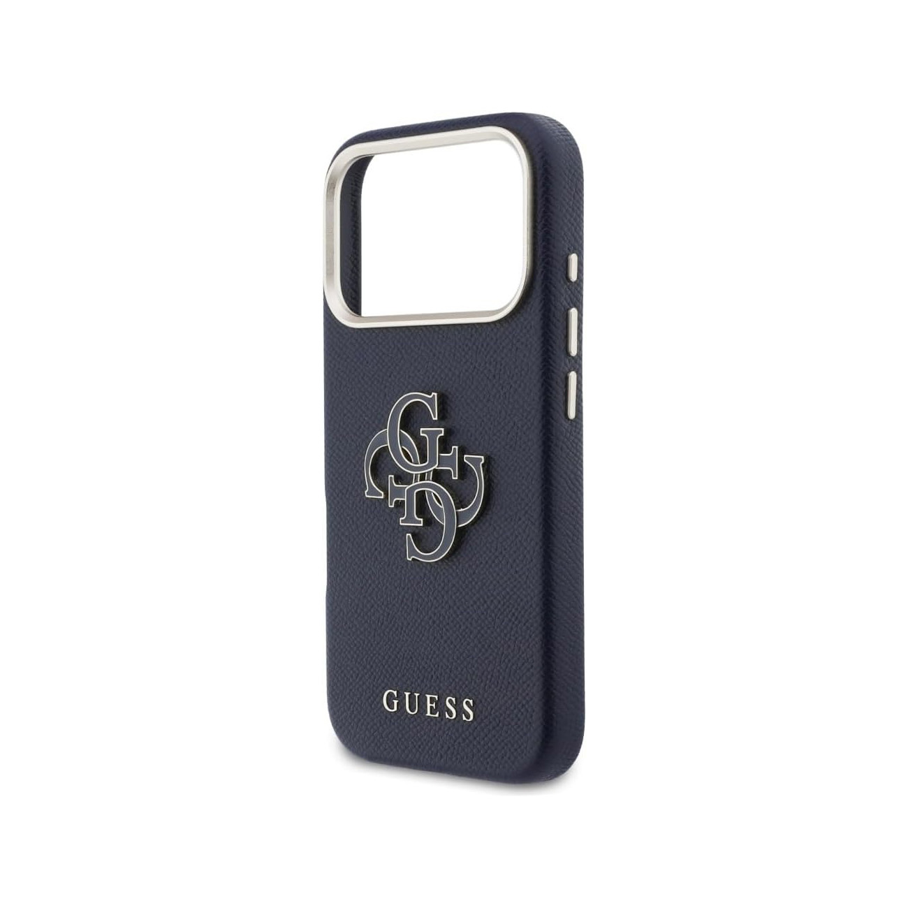 Custodia blu scuro per telefono con logo e testo Guess.
