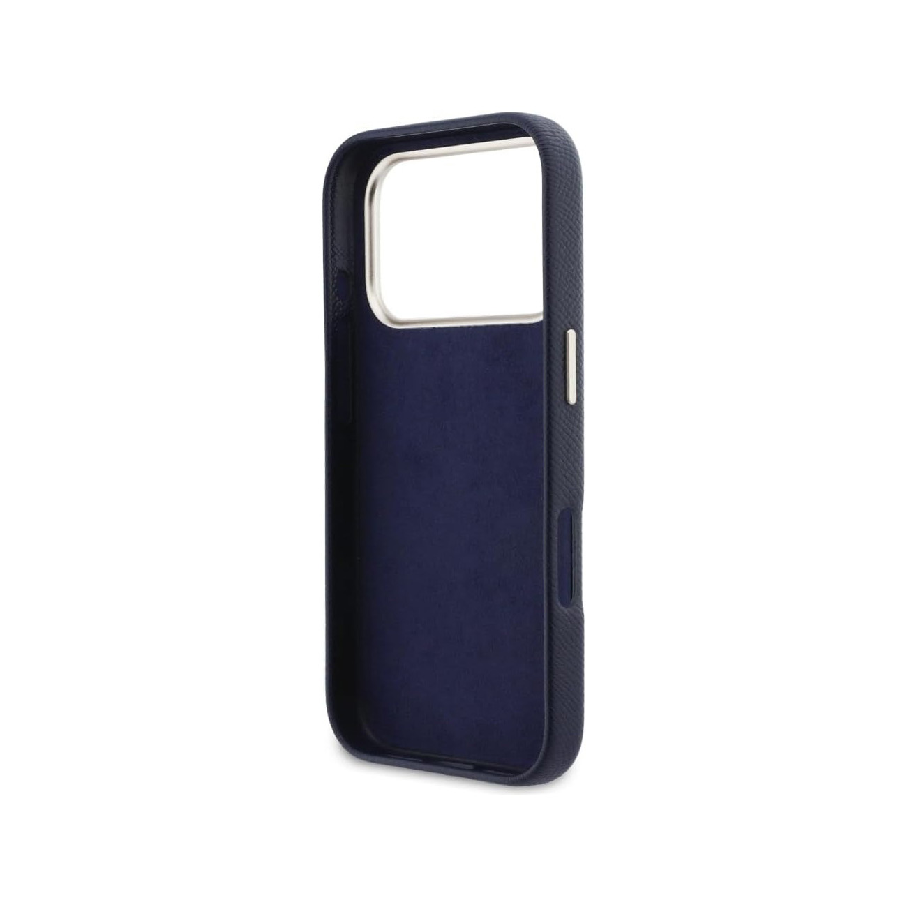 Una custodia blu scuro per telefono con bordo metallico argentato, su sfondo bianco.