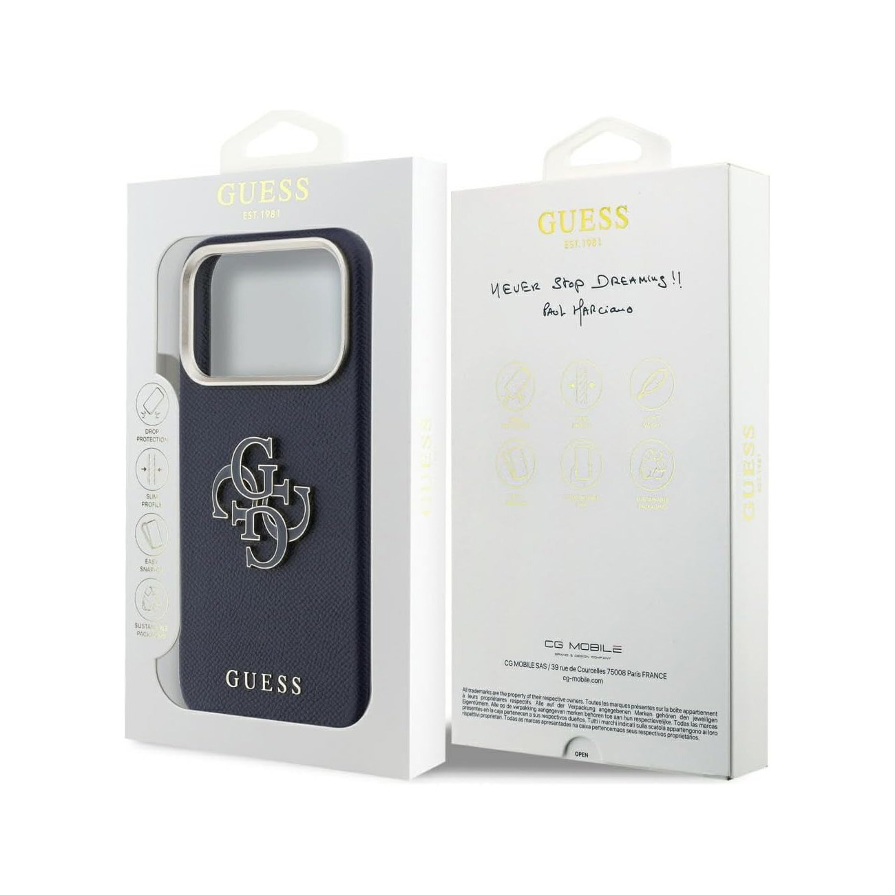 Una cover Guess blu scuro con logo, nella sua confezione.