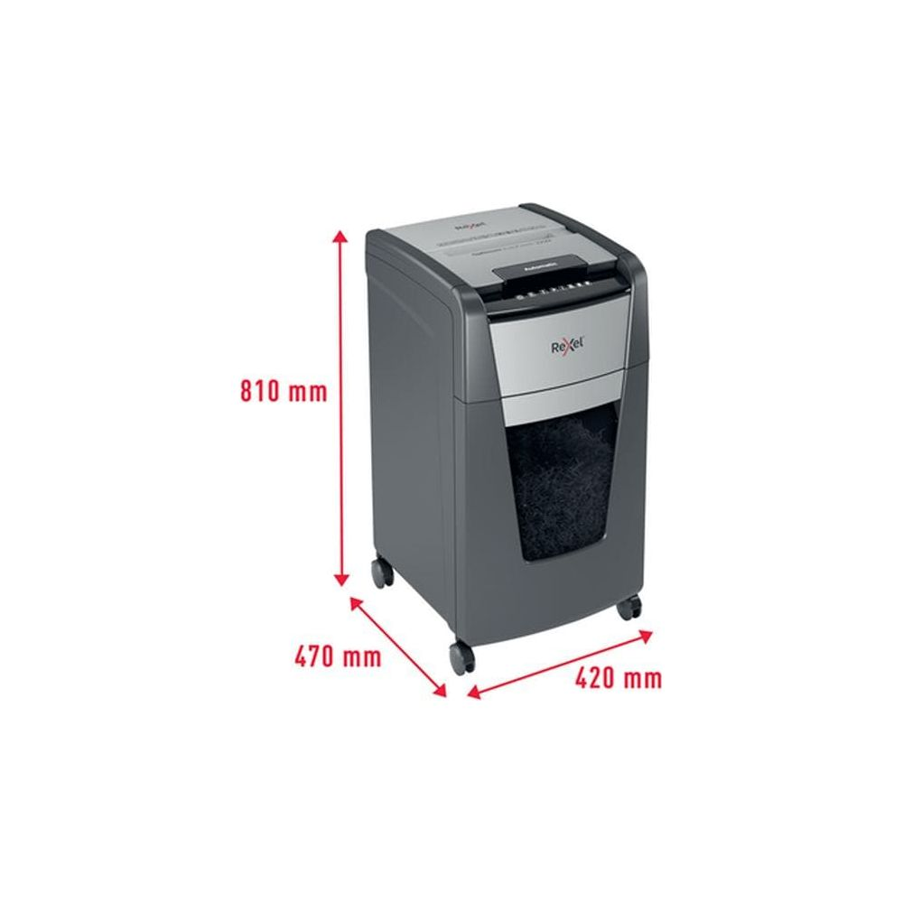 Ein grauer Rexel Aktenvernichter auf Rollen mit Maßen 810x470x420mm.