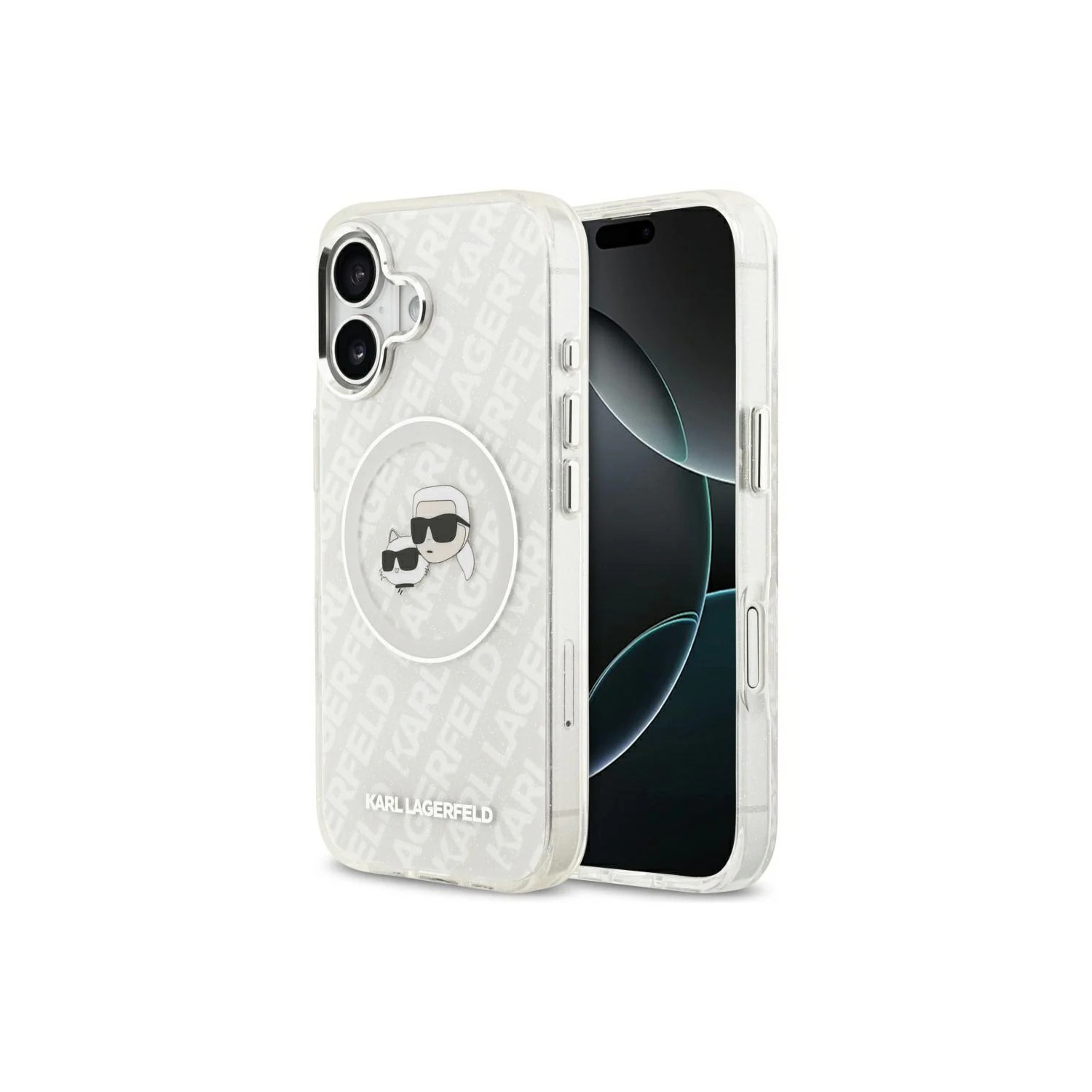 Karl Lagerfeld logosu ve deseni olan şeffaf telefon kılıfı.