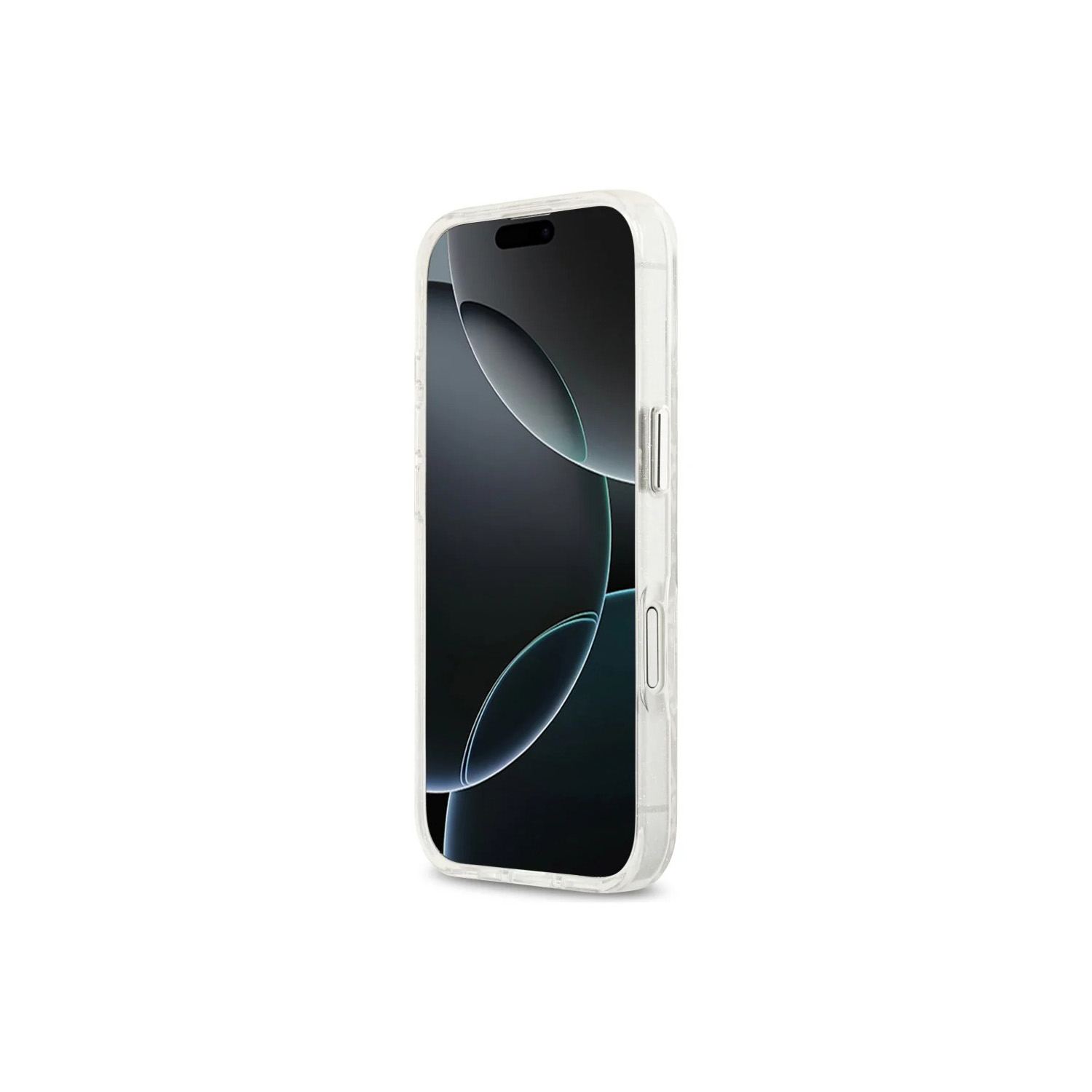 Koyu duvar kağıtlı şeffaf kılıflı akıllı telefon.