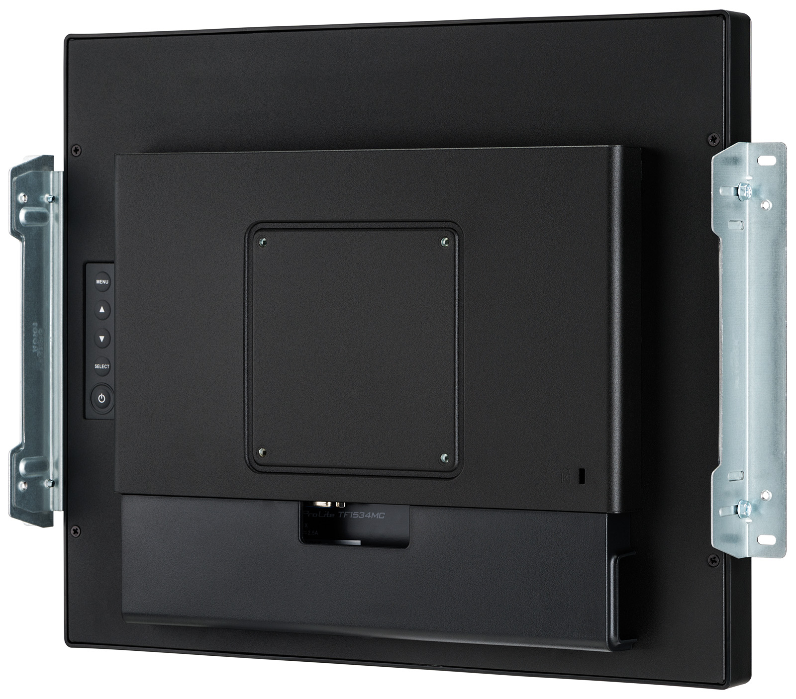 Arrière d'un moniteur noir avec supports de montage et boutons de commande.