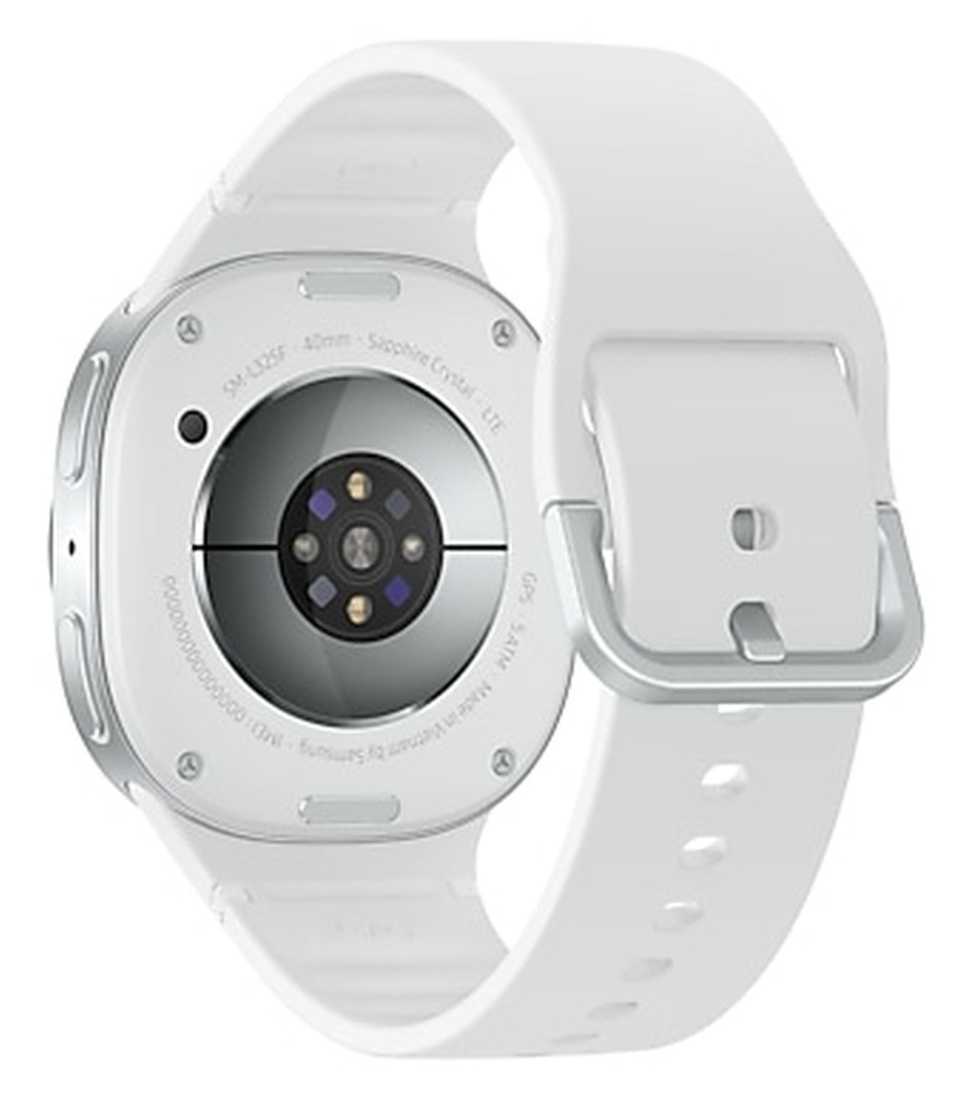 Smartwatch bianca con fibbia argento. Retro mostra sensori e testo.