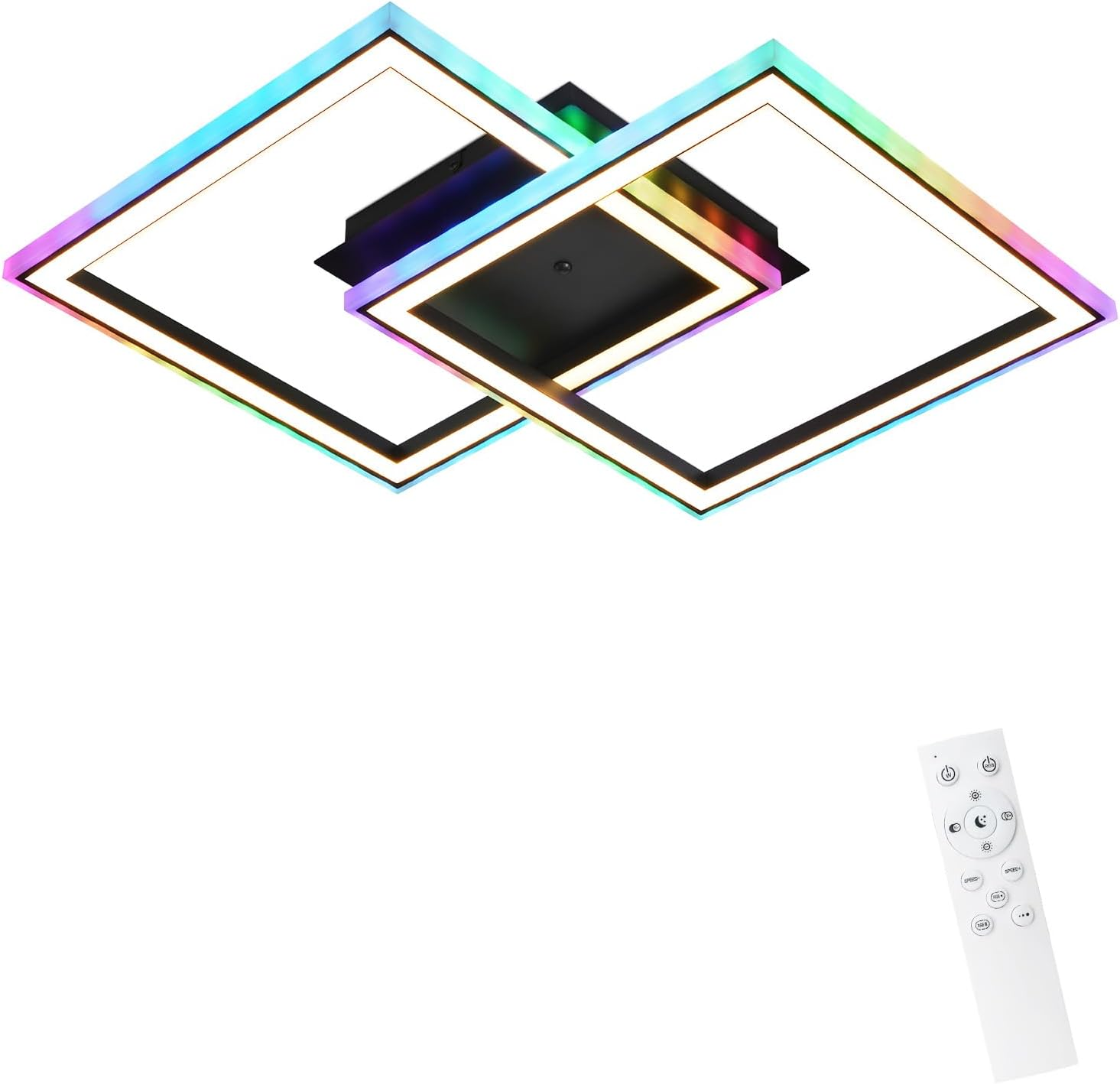 Plafoniera moderna con due quadrati annidati, illuminata nei colori arcobaleno.