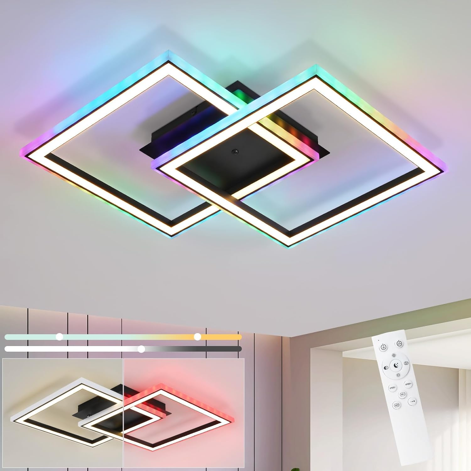 Plafoniera moderna con anelli quadrati a luci colorate e telecomando.