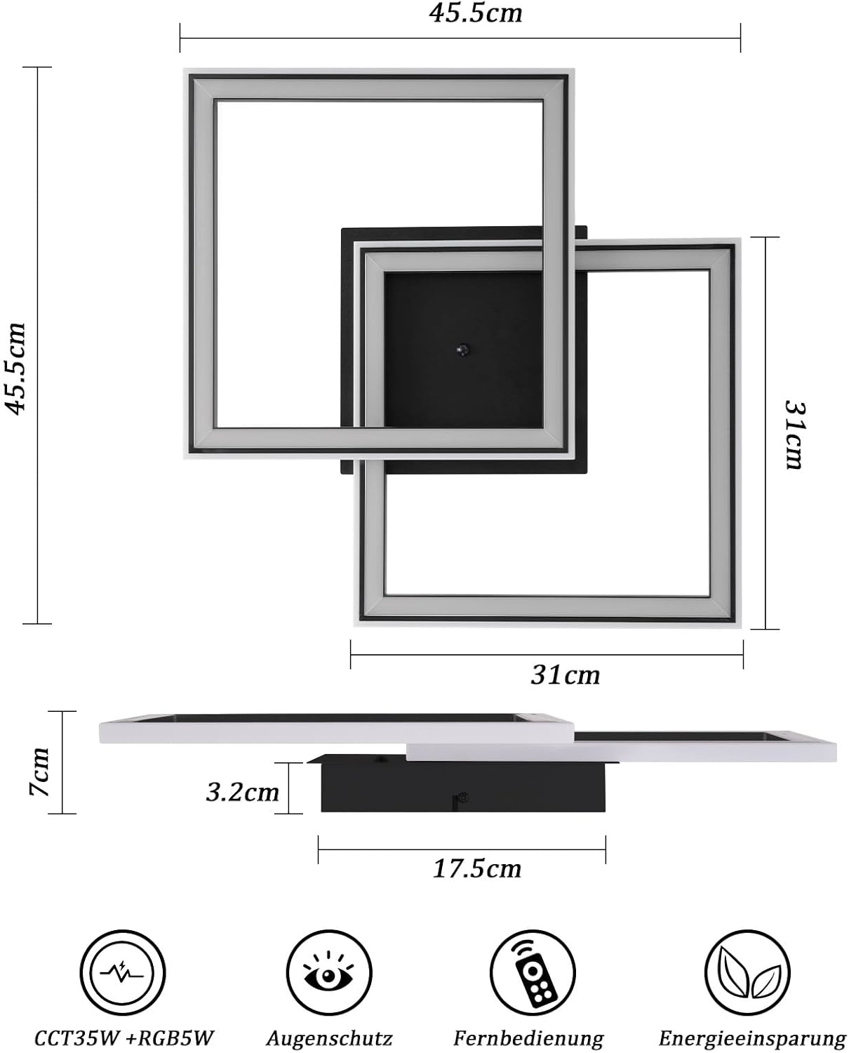 Moderna lampada da soffitto a LED quadrata, dimensioni 45,5x45,5cm e 31x31cm.