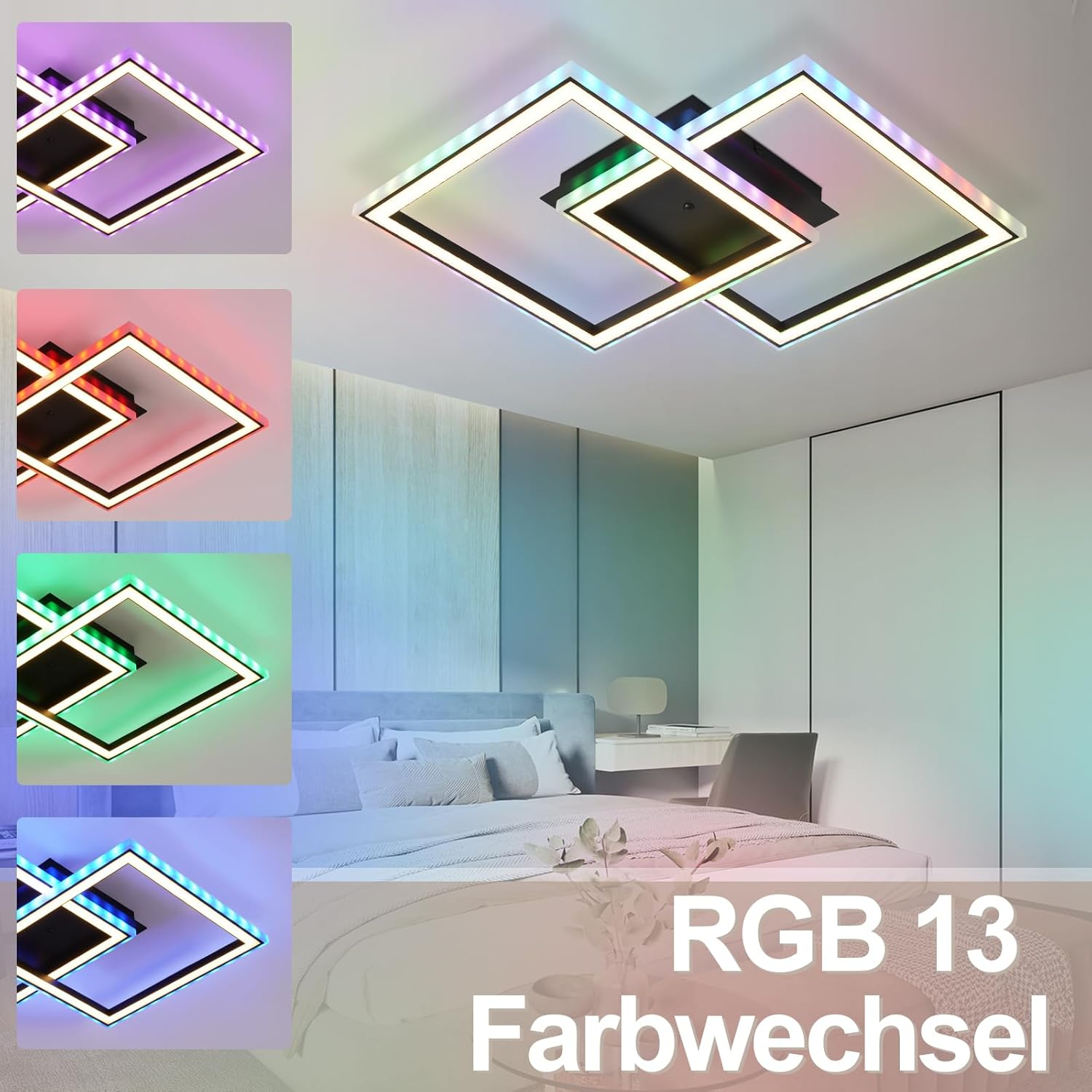 Moderna lampada da soffitto geometrica con LED RGB a colori cangianti in una camera.