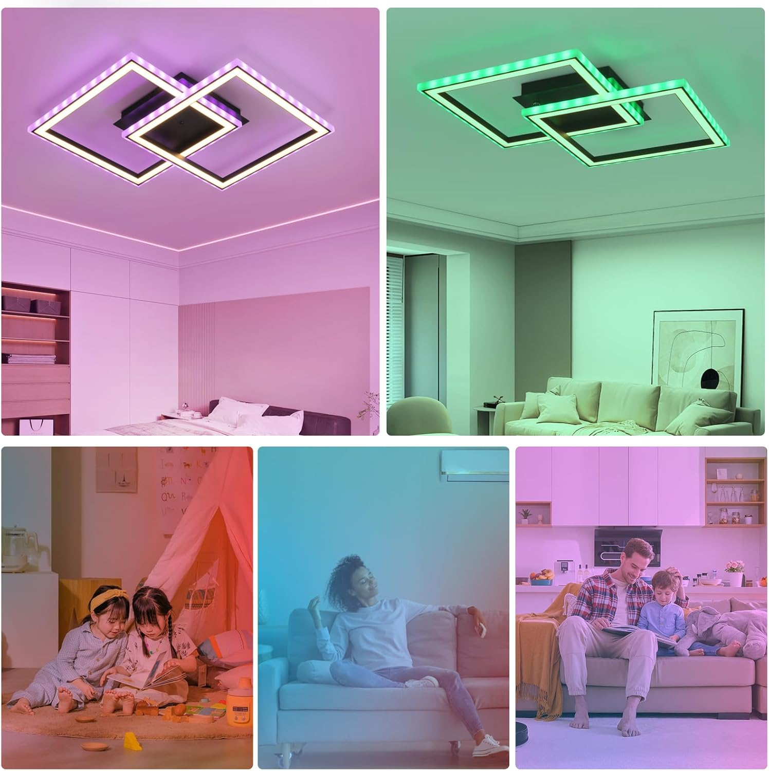 Ventilatore da soffitto moderno con illuminazione a LED multicolore.