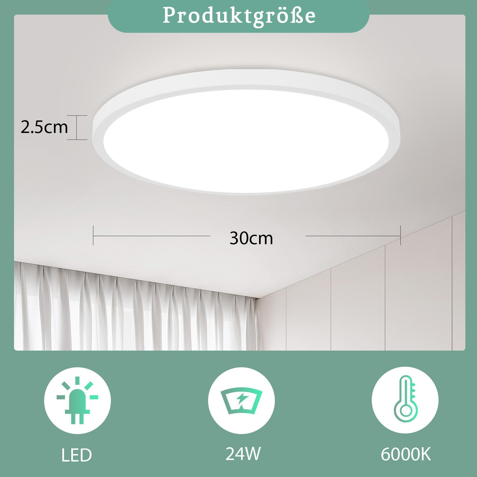 Una lampada da soffitto rotonda bianca, diametro 30cm e spessore 2,5cm.