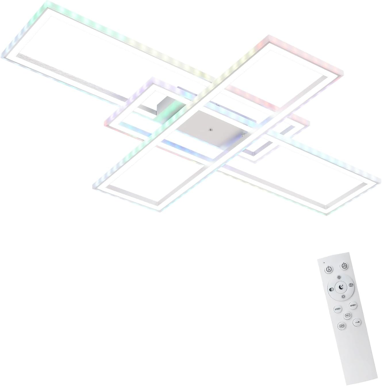 Plafoniera moderna a cornice rettangolare con telecomando.