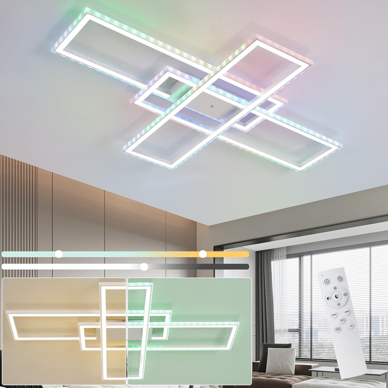 Plafoniera moderna con quattro cornici rettangolari e illuminazione RGB, telecomando.