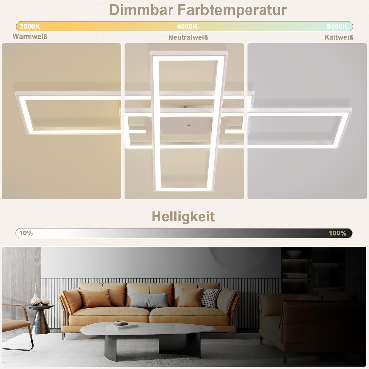 Plafoniera moderna con temperatura colore e luminosità regolabili.