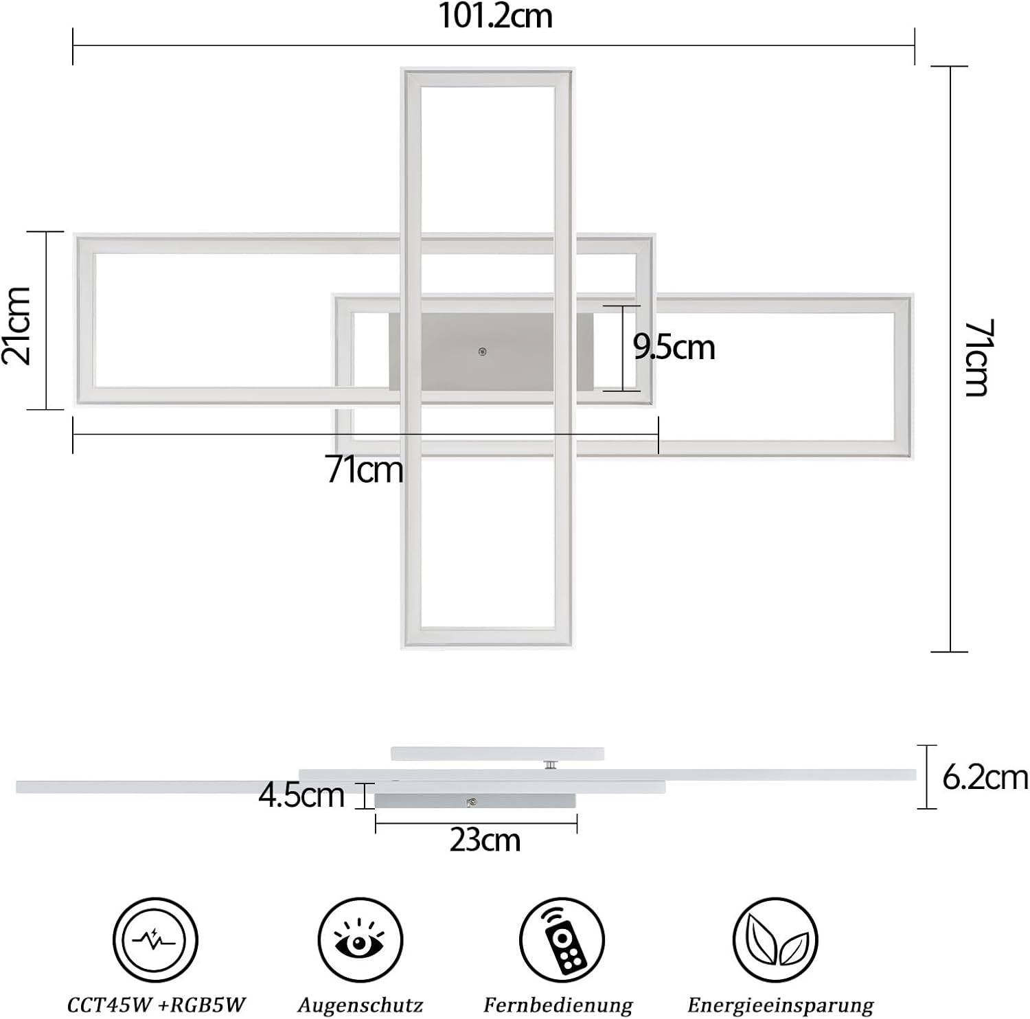 Disegno tecnico di una lampada moderna con dimensioni e simboli.