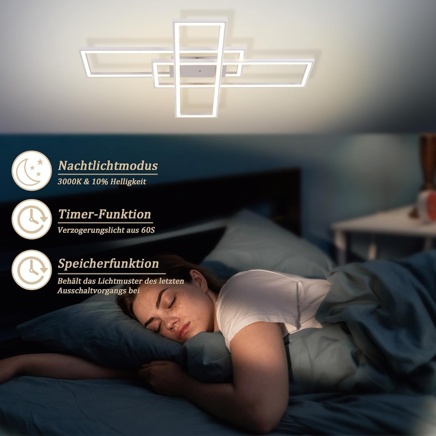 Una donna dorme sotto una coperta, illuminata da una moderna lampada da soffitto.