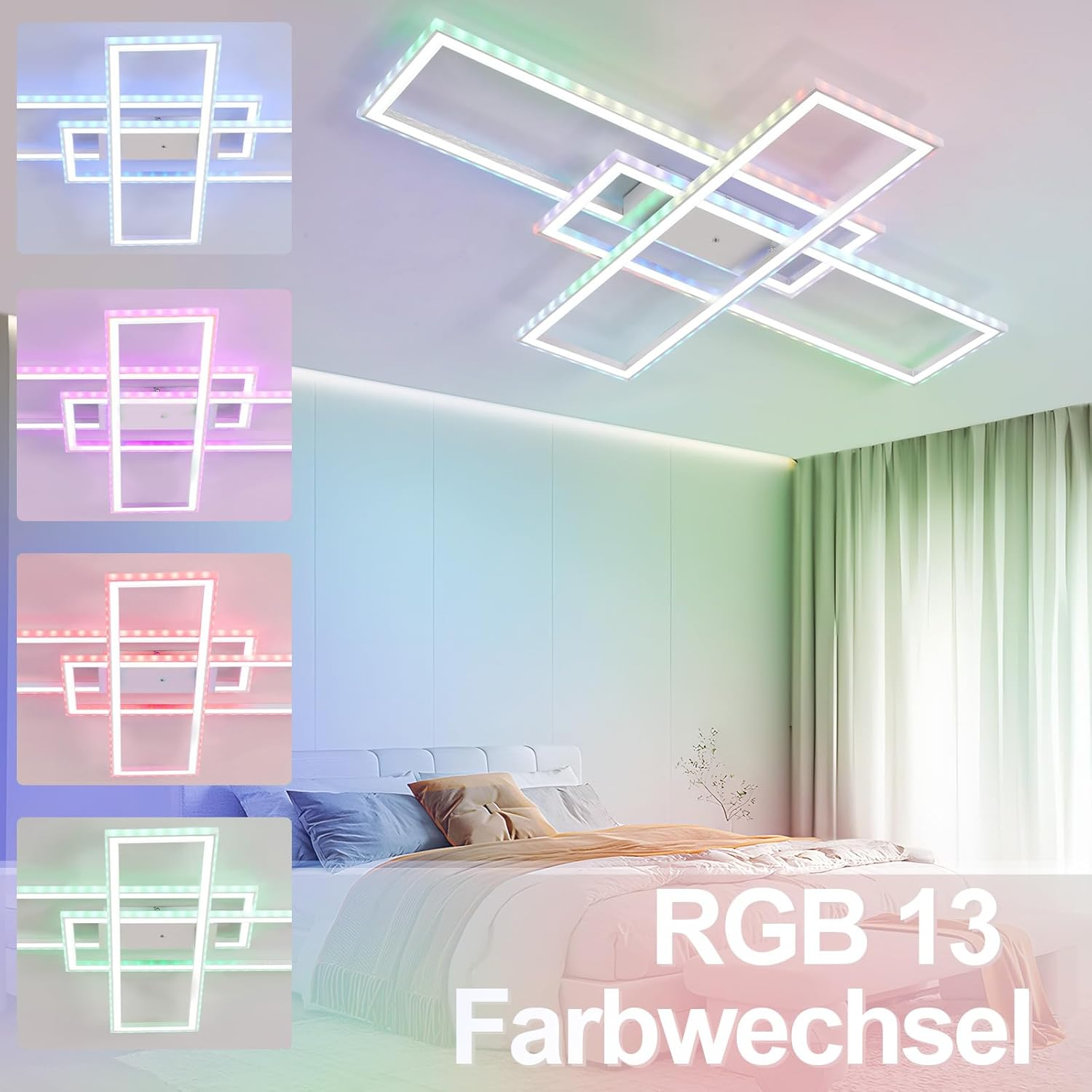 Camera da letto moderna con lampadario geometrico dai vari colori.
