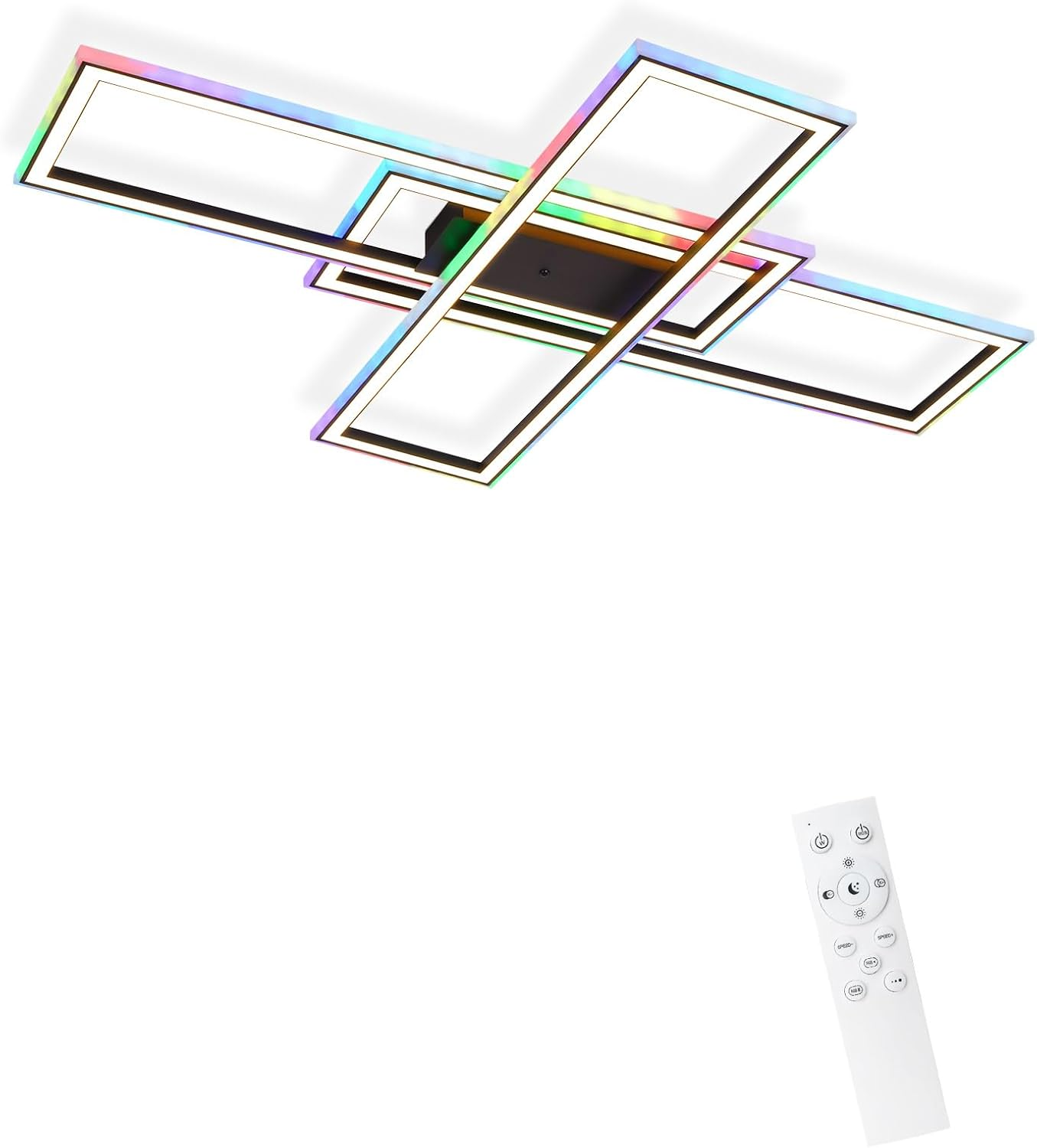 Plafoniera LED moderna con cornici rettangolari sovrapposte, illuminate con colori arcobaleno, e un telecomando.