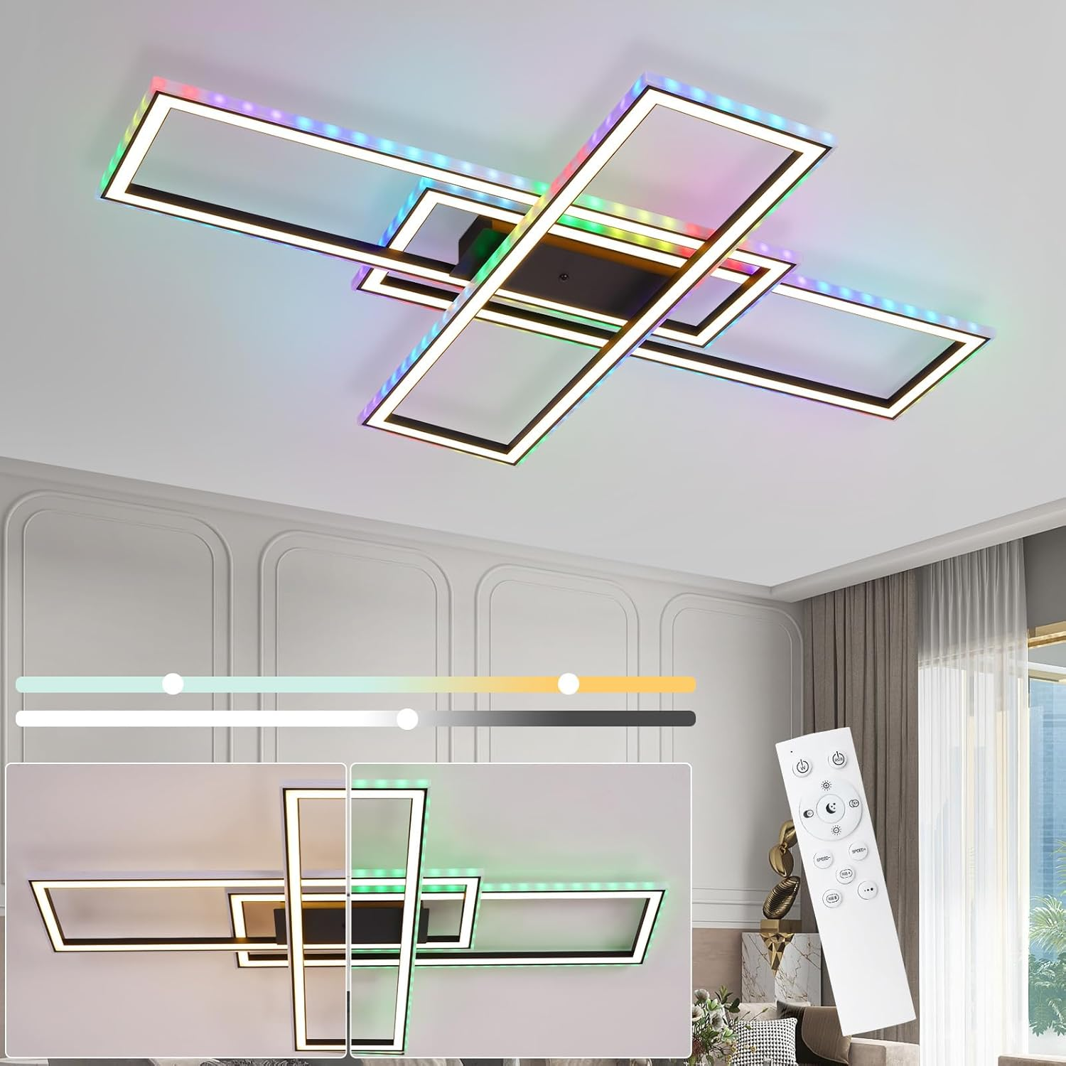 Plafoniera moderna con cornici rettangolari, illuminata con LED RGB e telecomando.