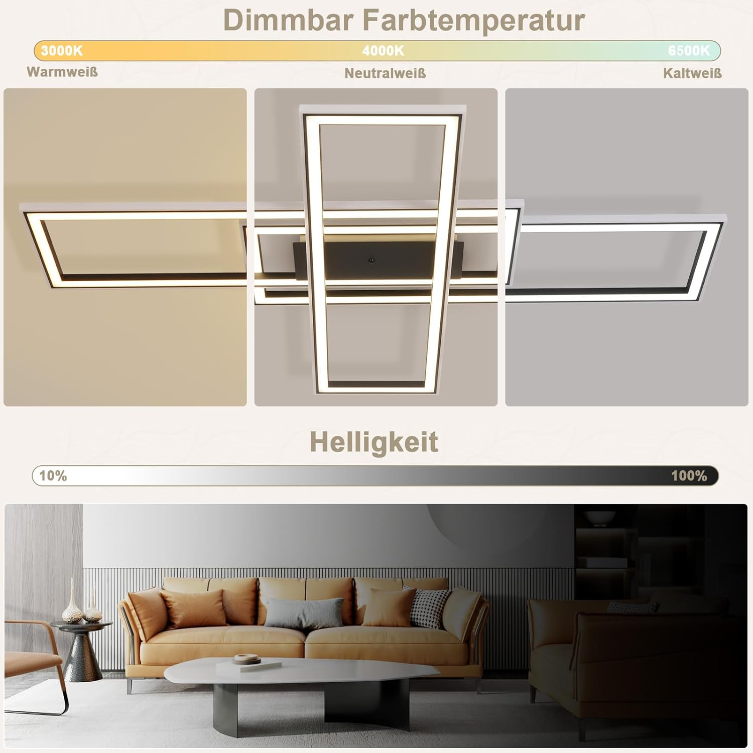 Plafoniera moderna con tre cornici rettangolari in diverse temperature di colore e livelli di luminosità.