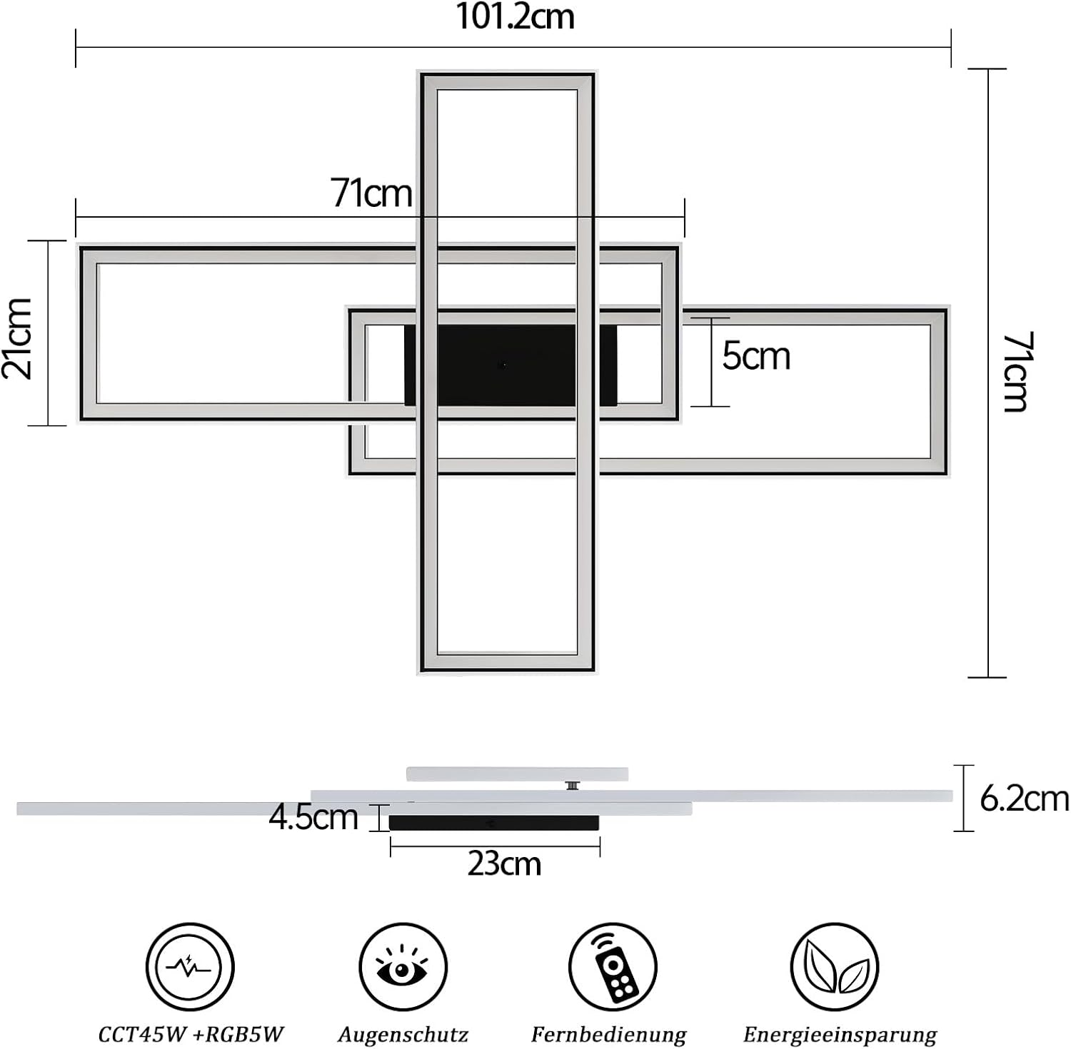 Disegno tecnico di una plafoniera con dimensioni e icone.