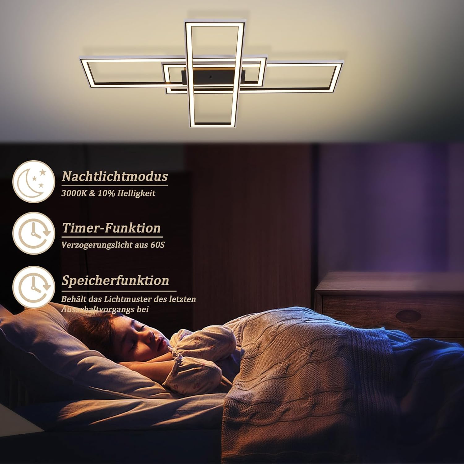 Moderna plafoniera con tre rettangoli che illuminano un bambino addormentato.