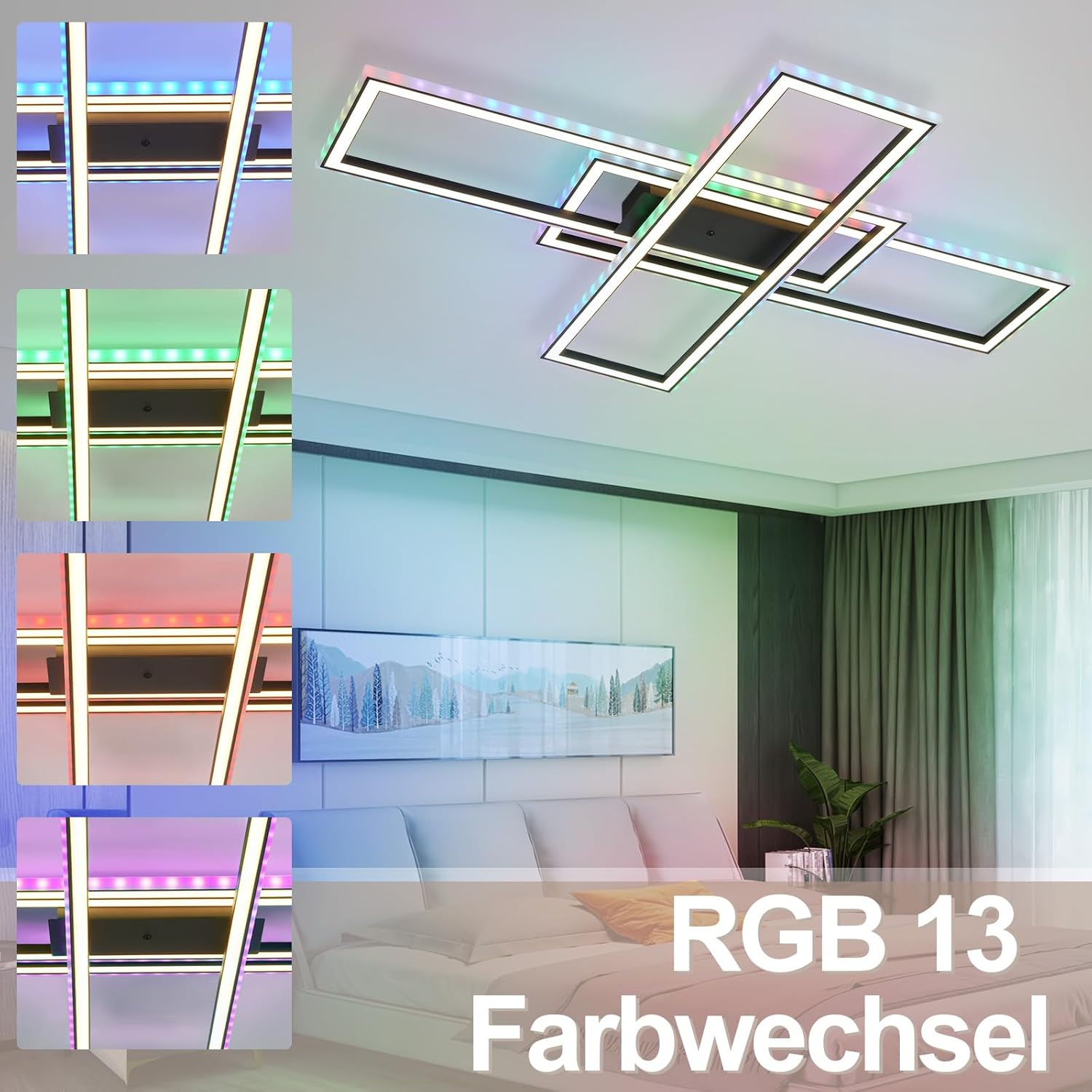 Moderna plafoniera con cornici rettangolari e cambio colore RGB, illumina una camera da letto.