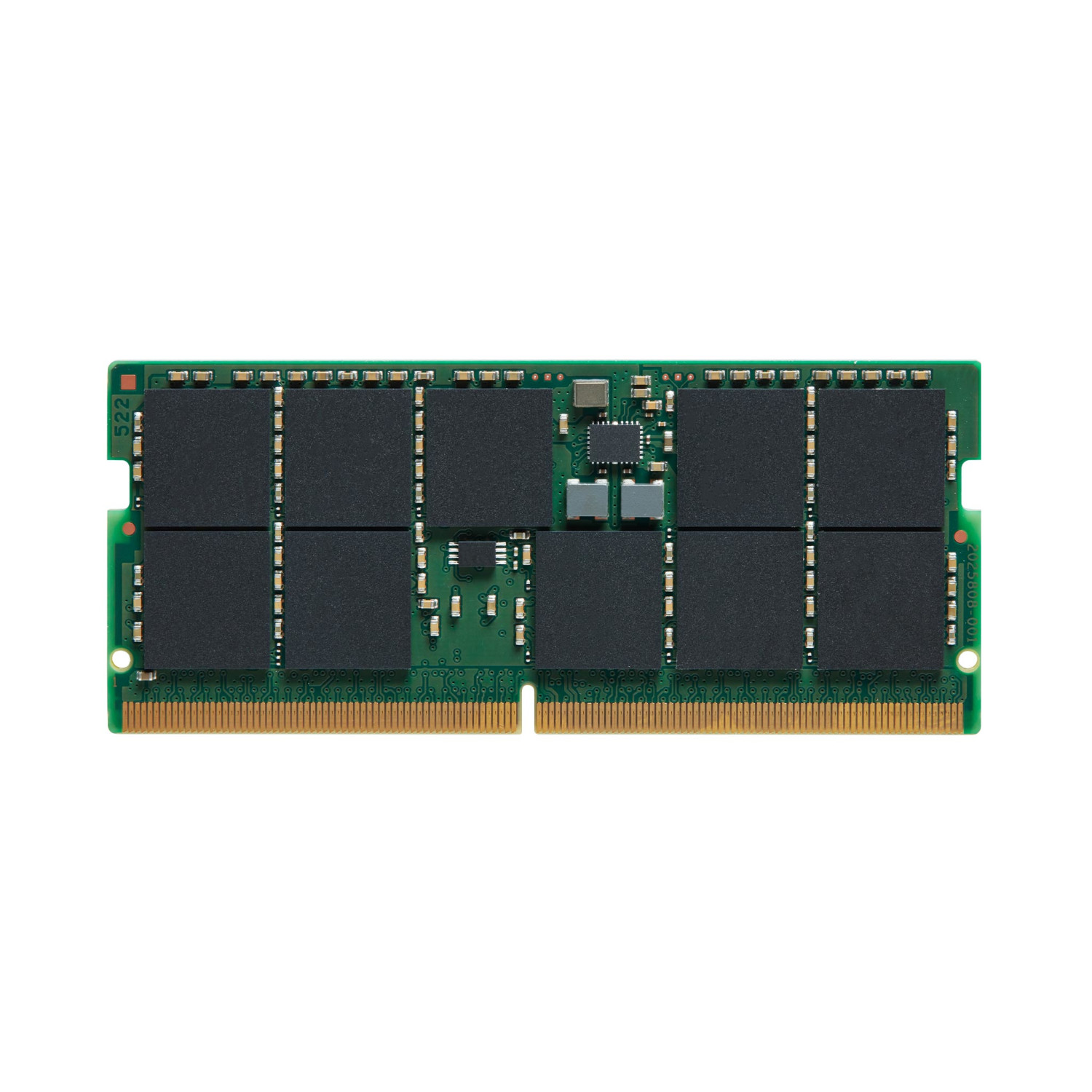 Un módulo RAM verde con chips de memoria negros y contactos dorados.