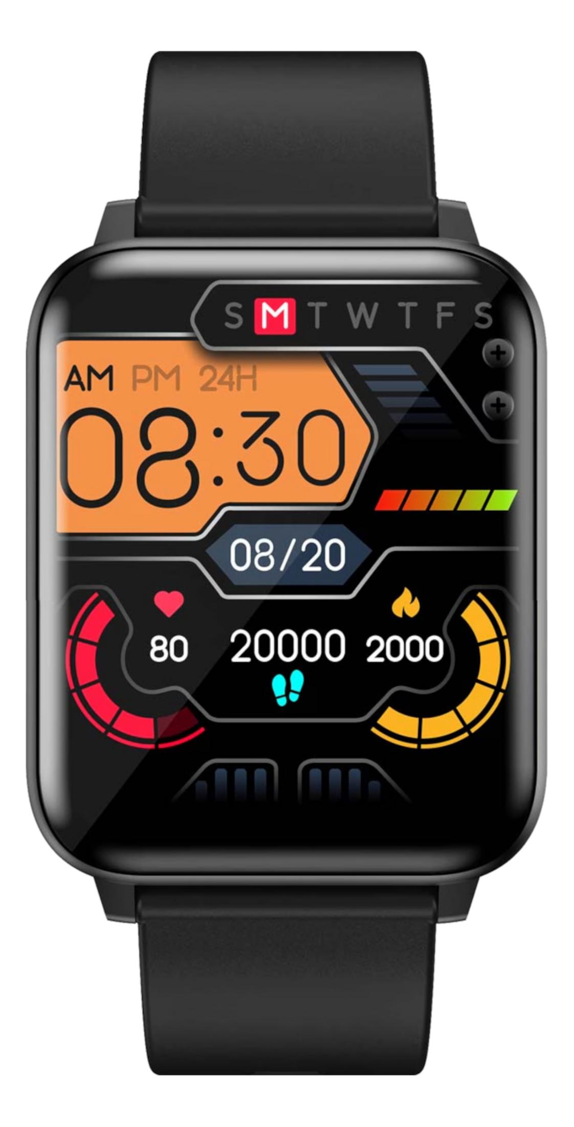 Uno smartwatch nero mostra 08:30, 20 agosto, 80 battiti, 20000 passi e 2000 calorie.