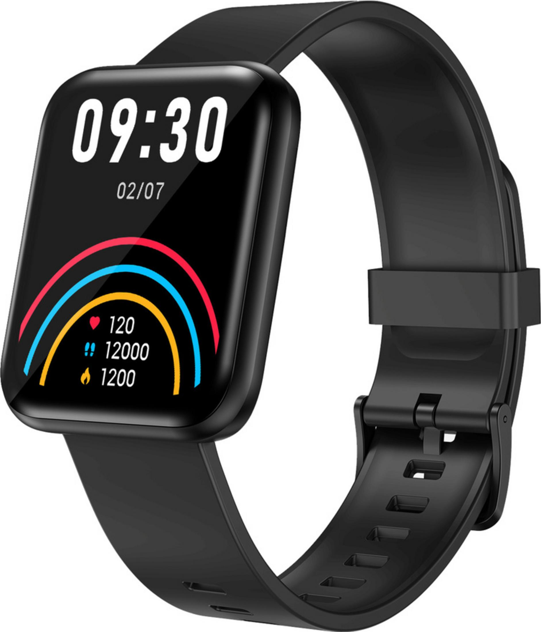 Smartwatch nero con display quadrato che mostra 09:30 e dati salute.