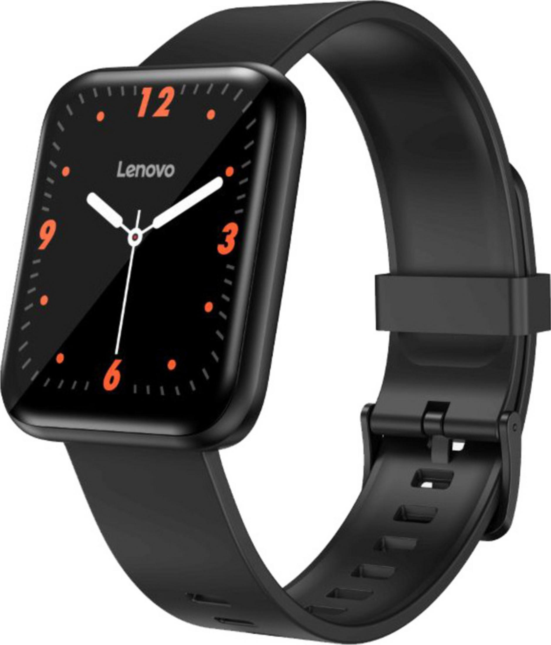 Uno smartwatch nero con quadrante quadrato e indicatori arancioni.