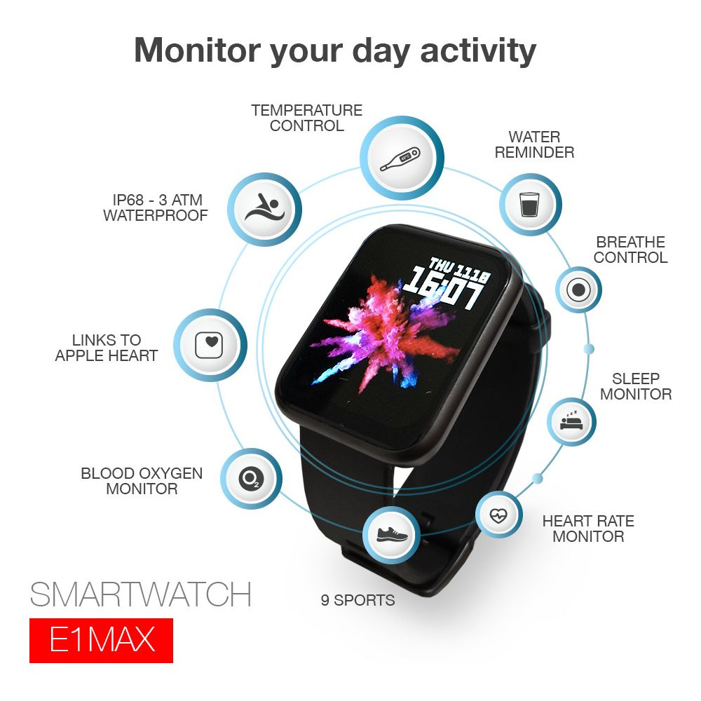 Smartwatch E1MAX con monitoraggio temperatura, acqua, respiro, sonno, battito cardiaco, ossigeno.