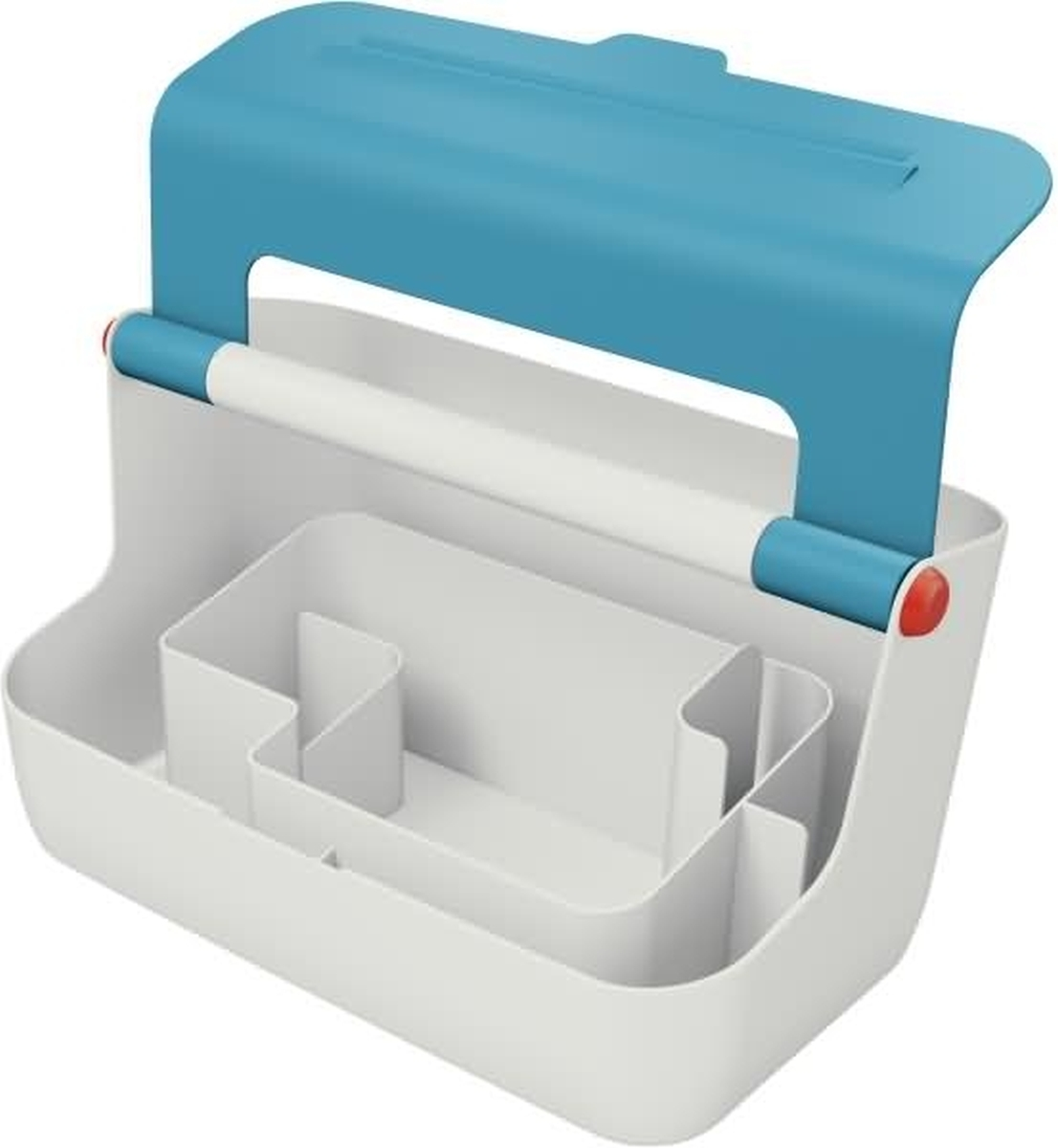 Ein weißer Organizer mit blauem Griff und Fächern.