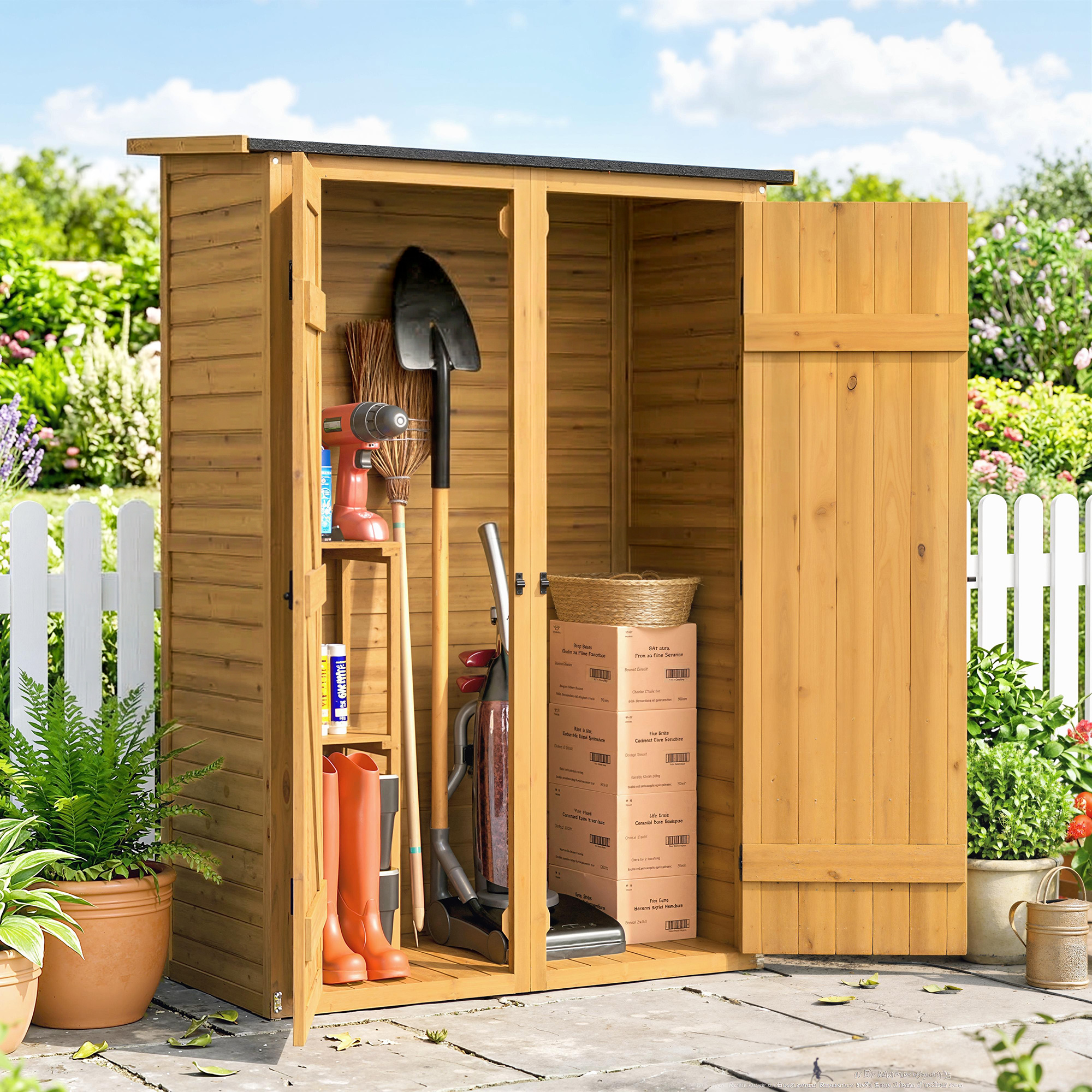 Una casetta di legno con attrezzi da giardino come vanga, scopa, trapano e stivali.