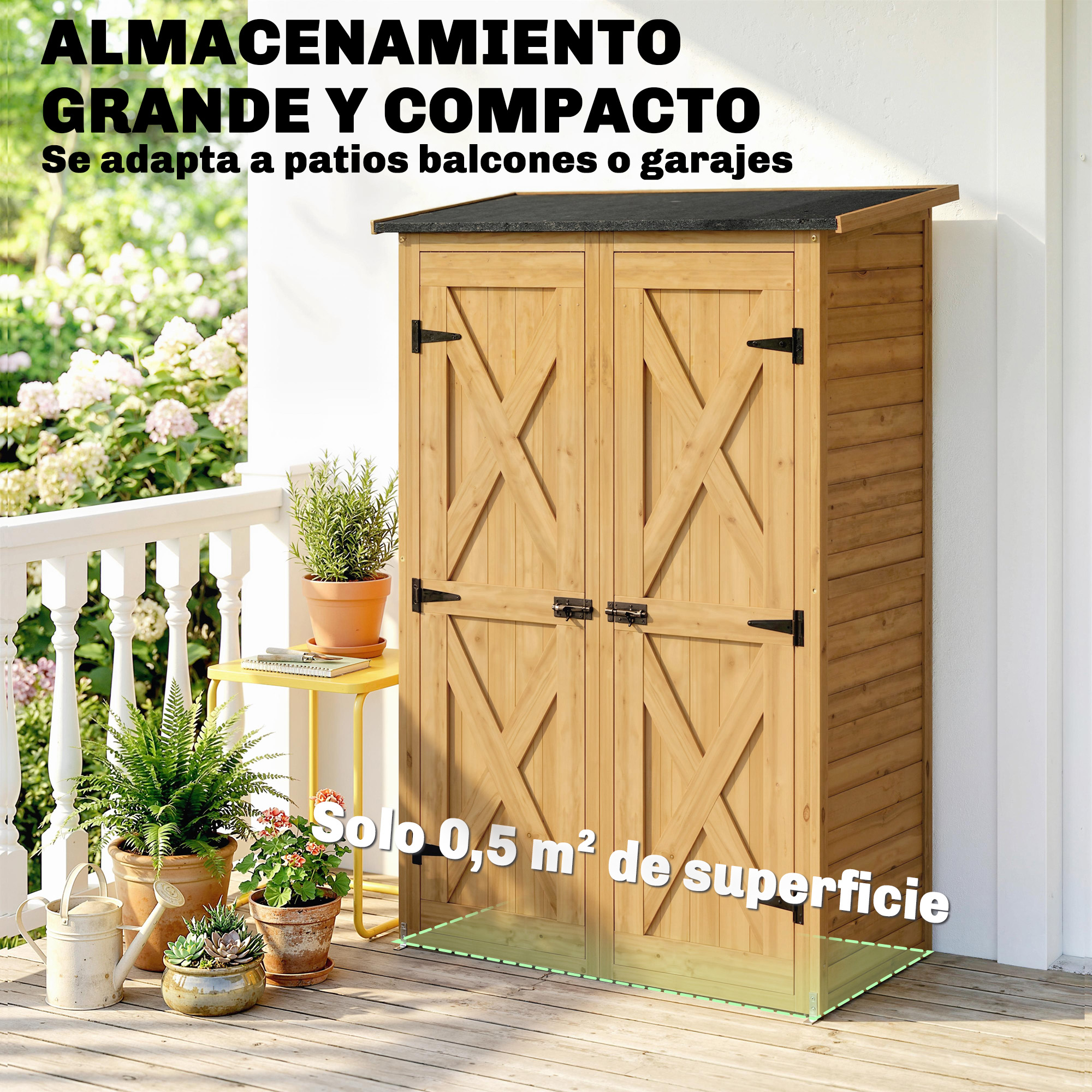 Un armario de madera con dos puertas está en una terraza de madera rodeado de plantas.