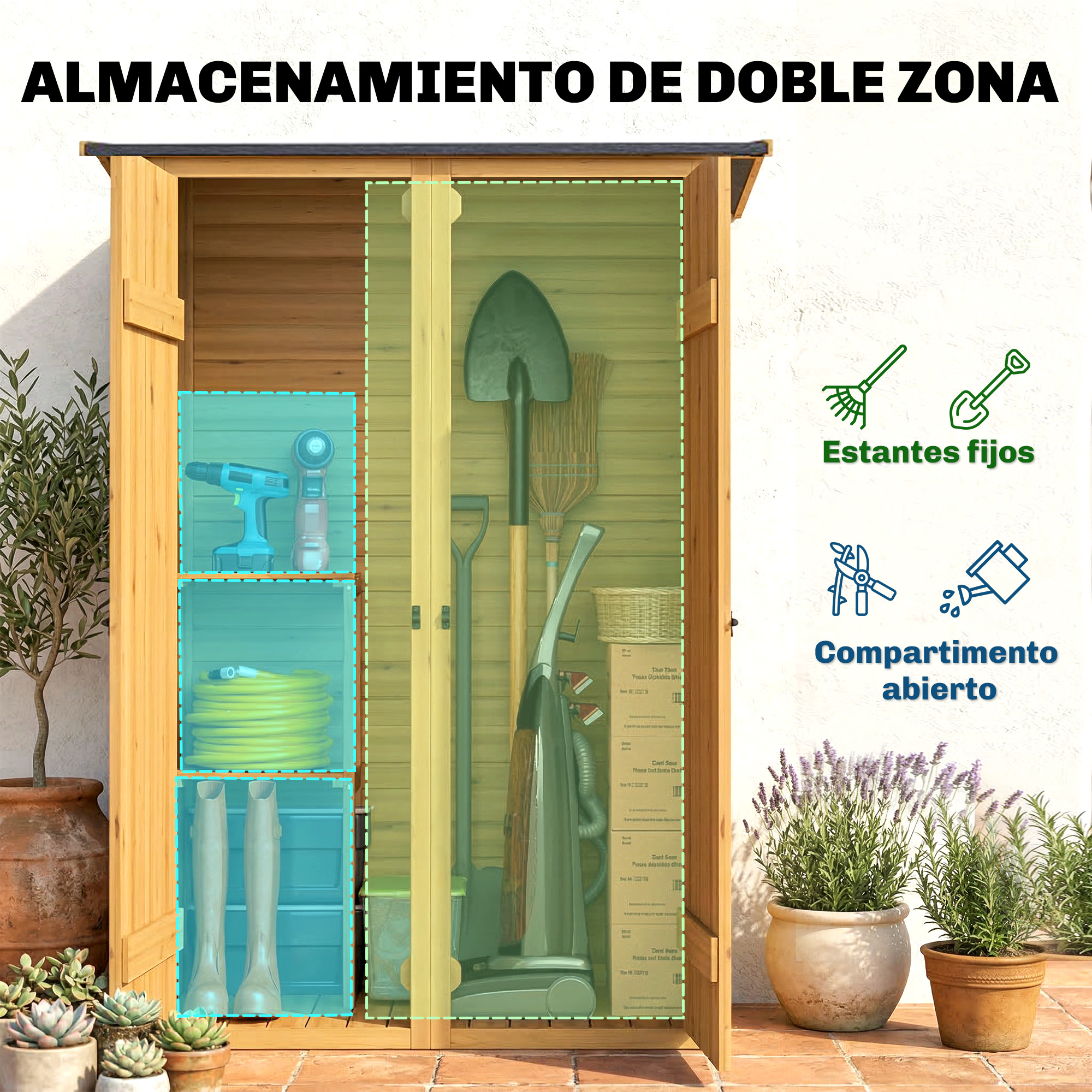 Un cobertizo de madera con herramientas de jardín y botas.