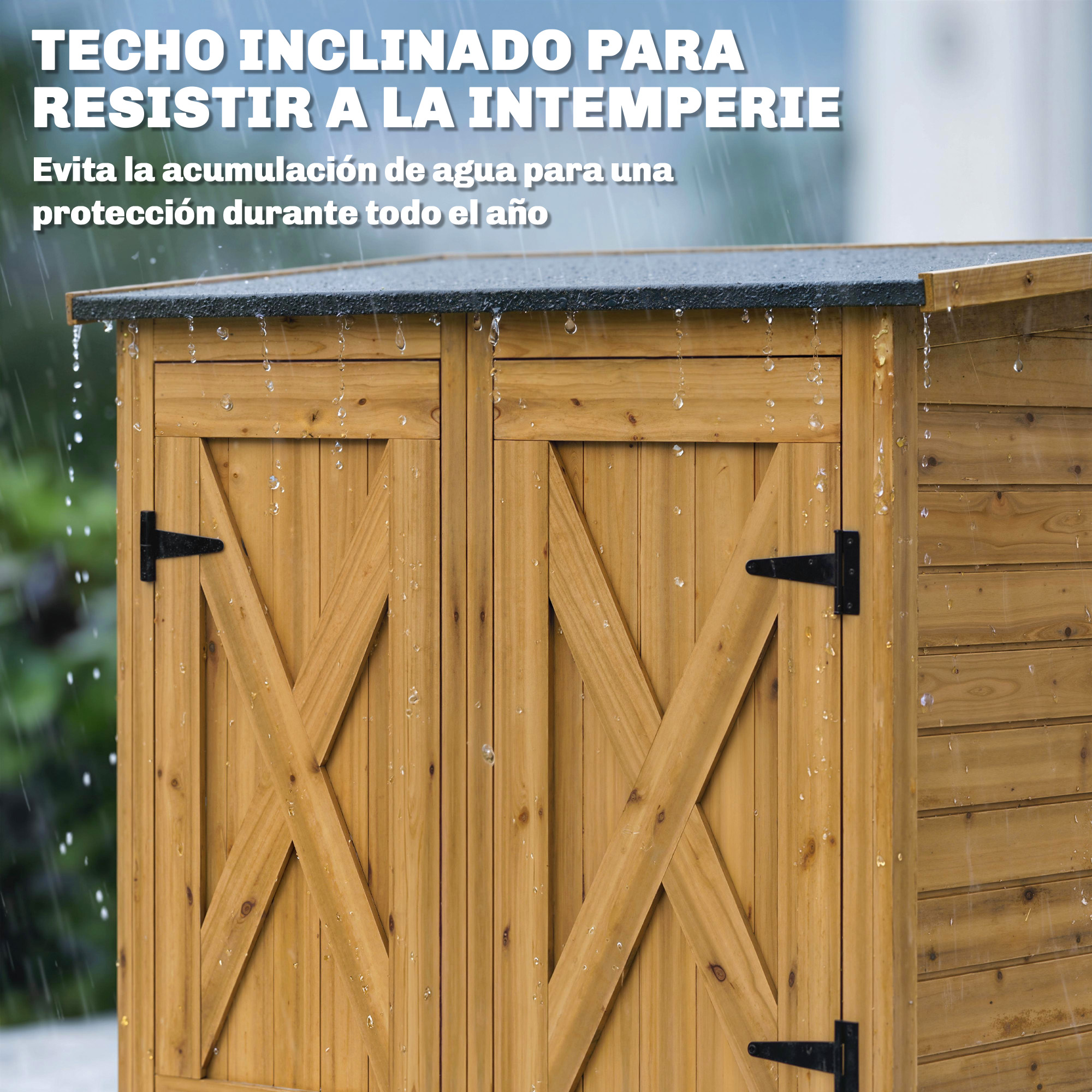 Puertas de cobertizo de madera bajo la lluvia, con texto sobre techo inclinado.