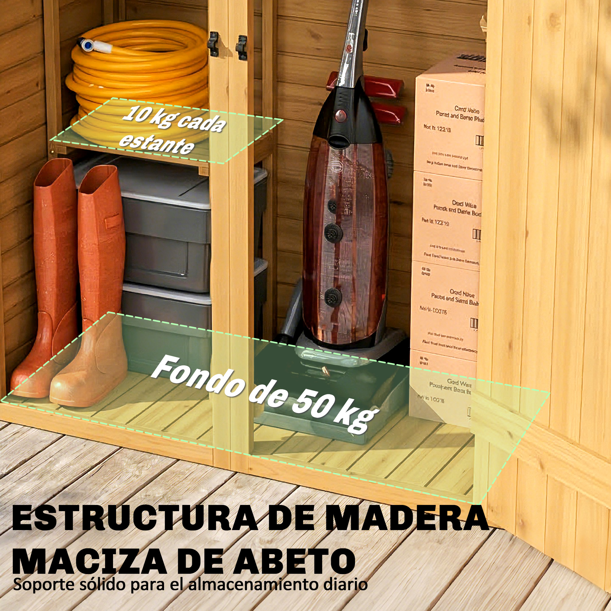 Armario de madera con botas, manguera, aspiradora, cajas y cubos.