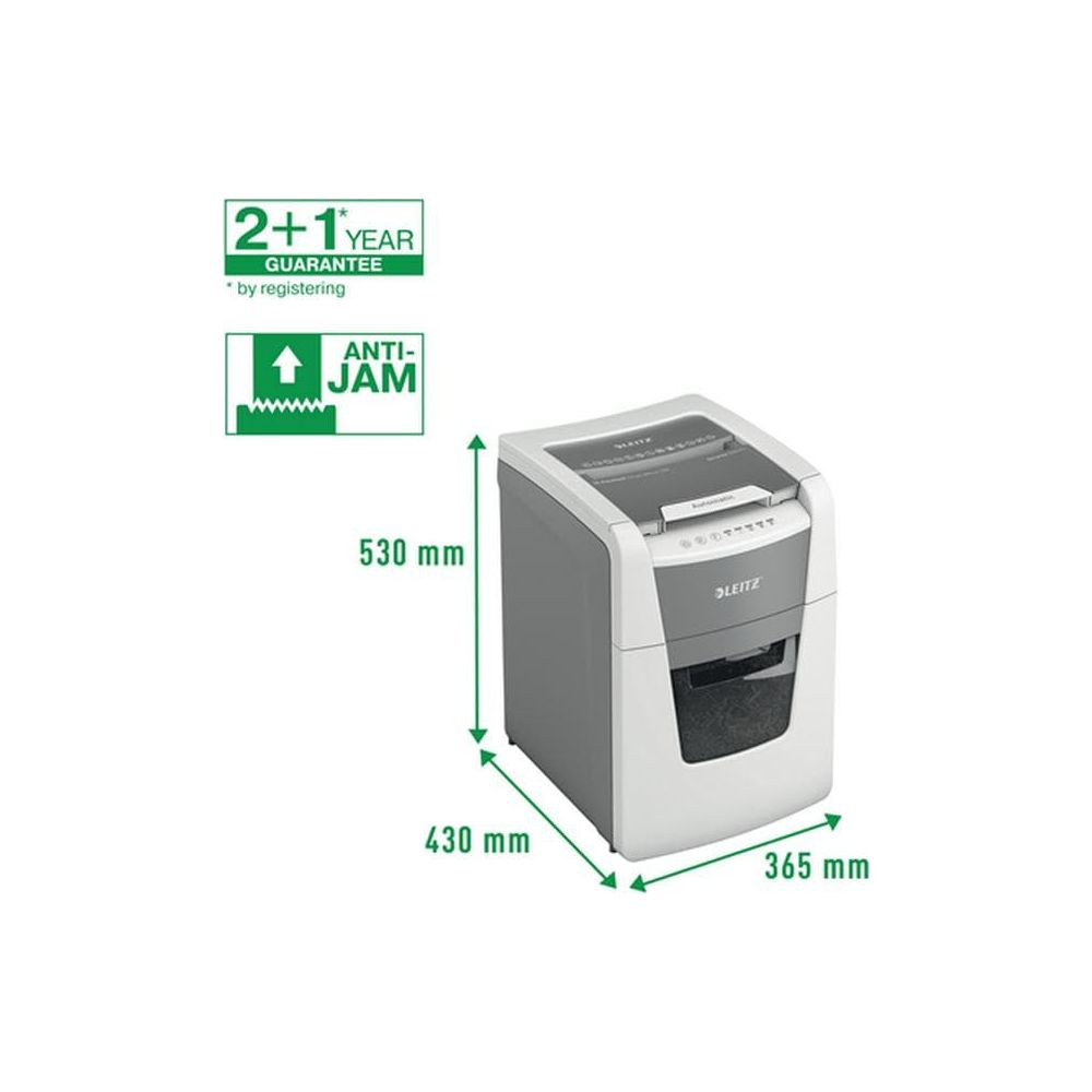 Une destructrice de documents Leitz avec dimensions et informations de garantie.