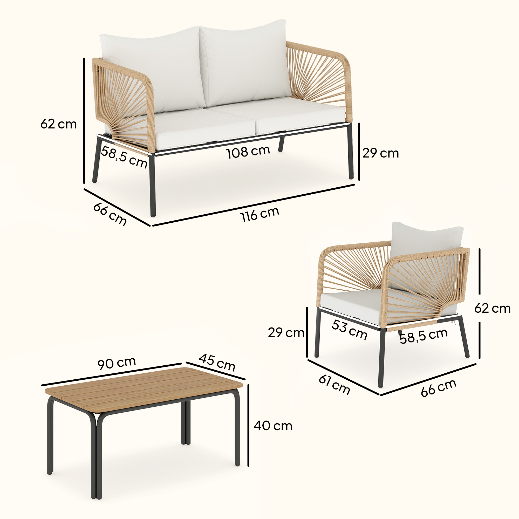 Un sofá, un sillón y una mesa con dimensiones.