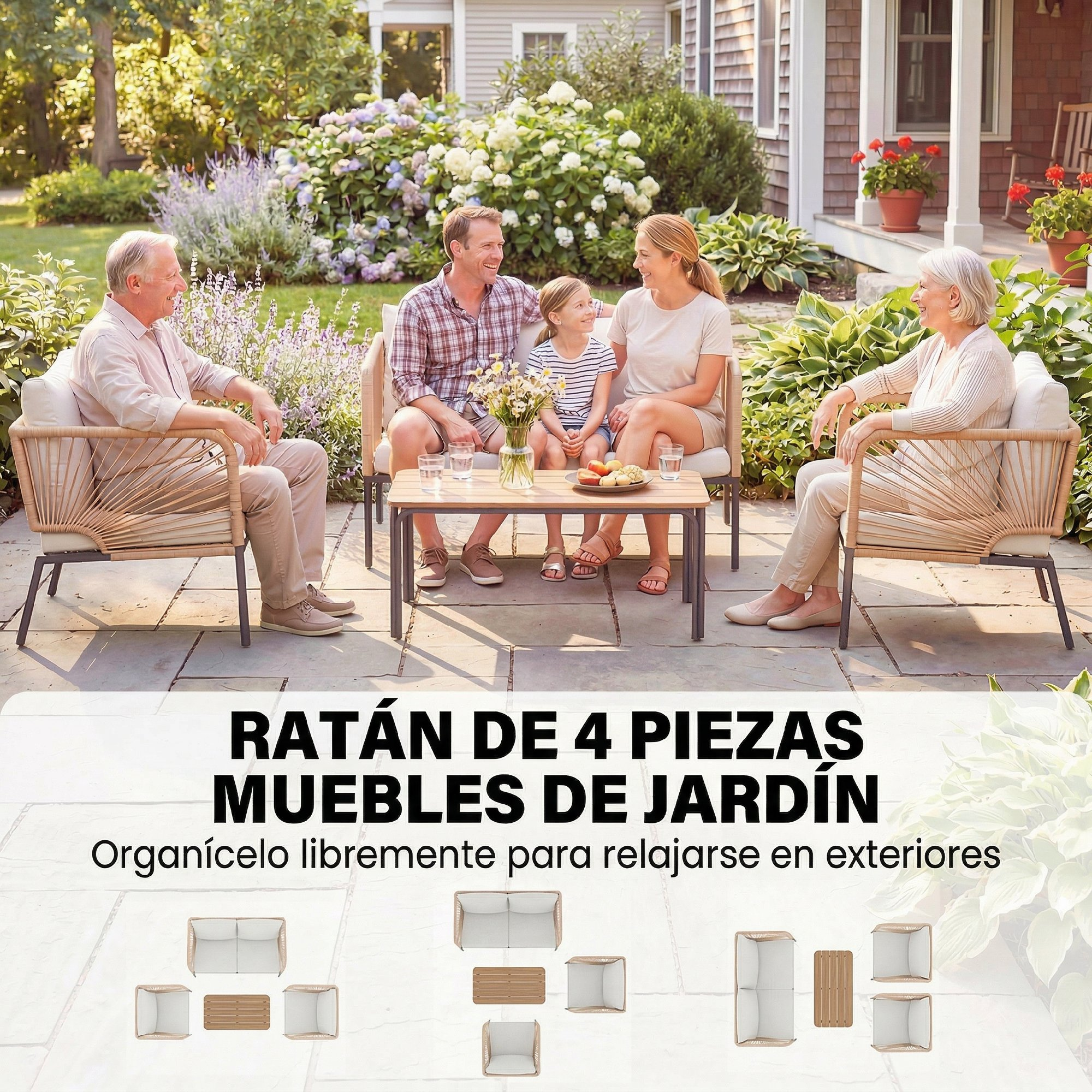 Una familia disfruta de un día soleado en el jardín en muebles de exterior.