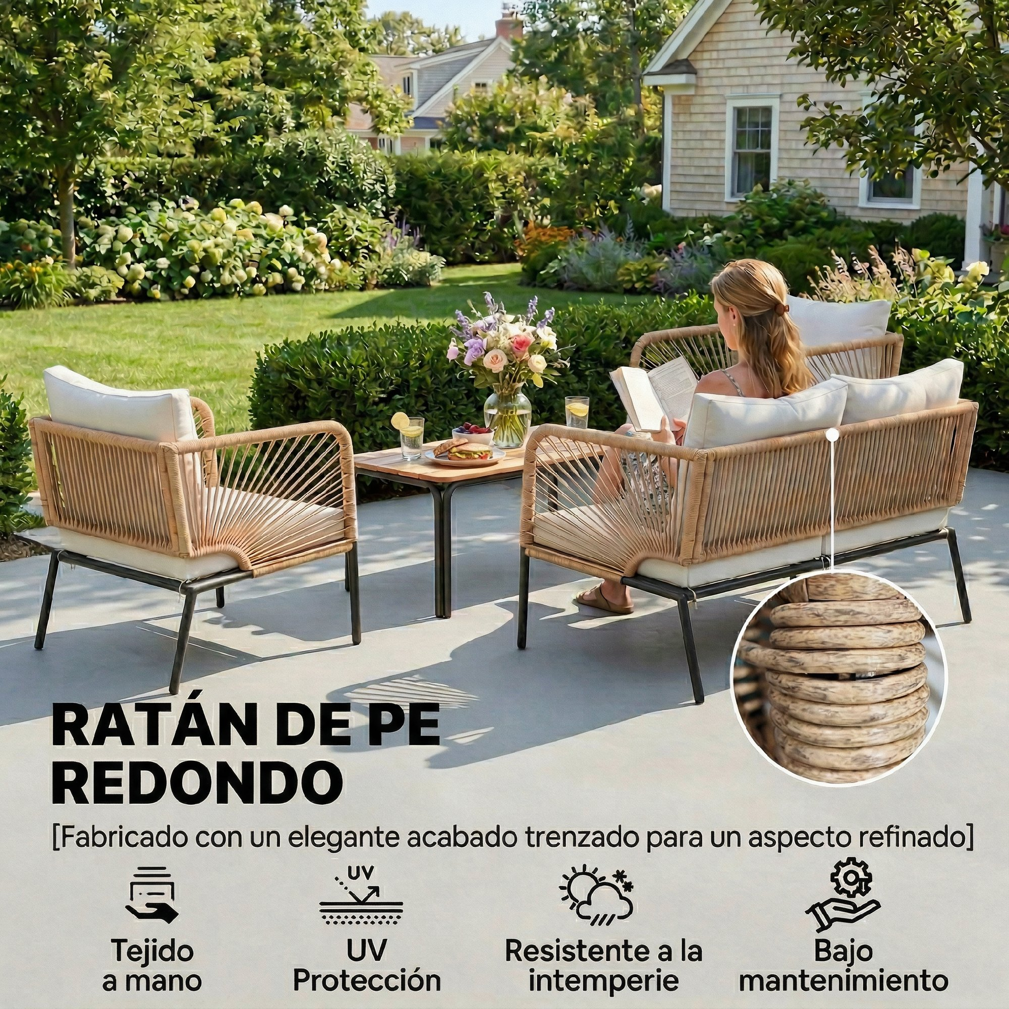 Una mujer lee en un sofá de ratán en un jardín, con una mesa cerca.