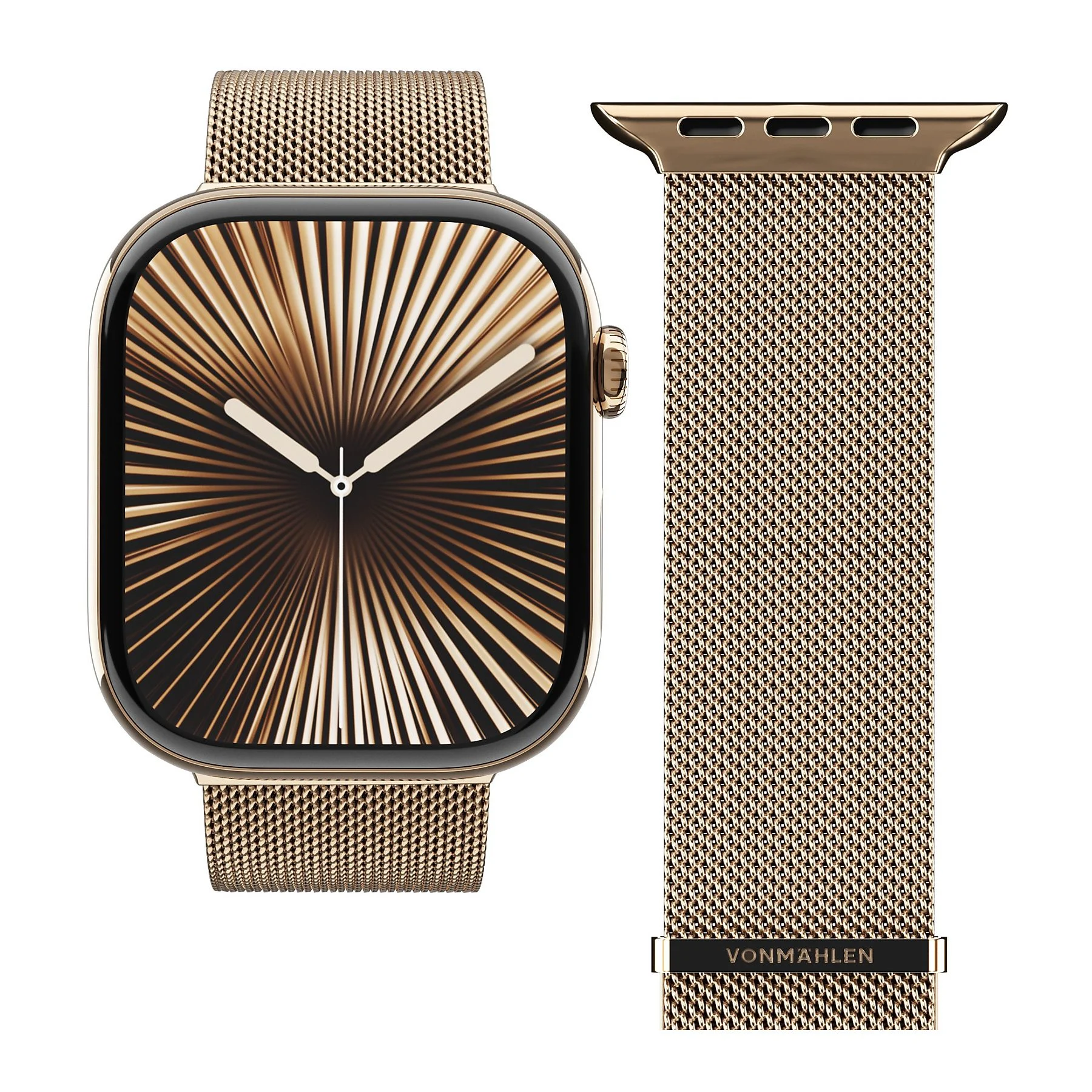 Une montre connectée dorée avec un motif radial sur l'écran et un bracelet en maille.