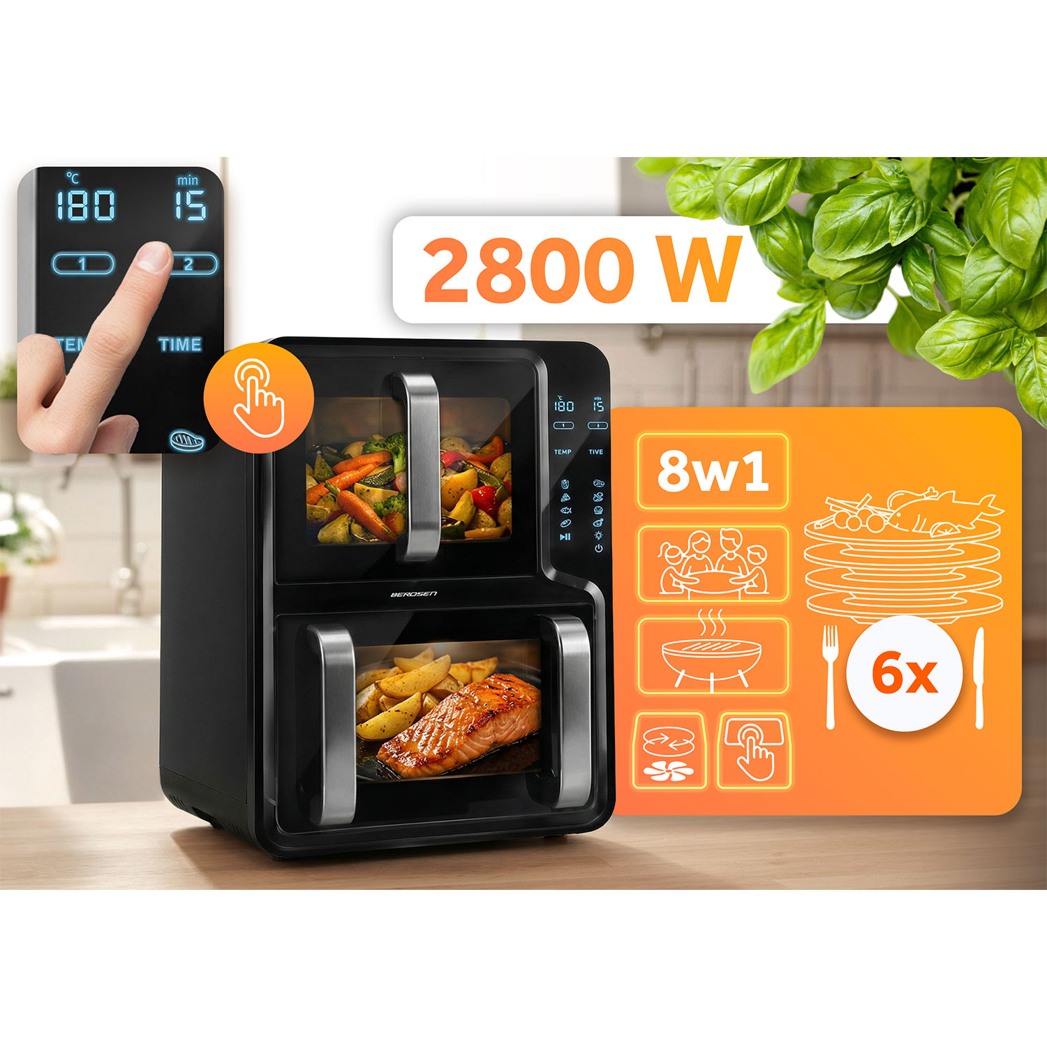 Podwójna frytkownica beztłuszczowa, 2800W, gotuje łososia i warzywa.