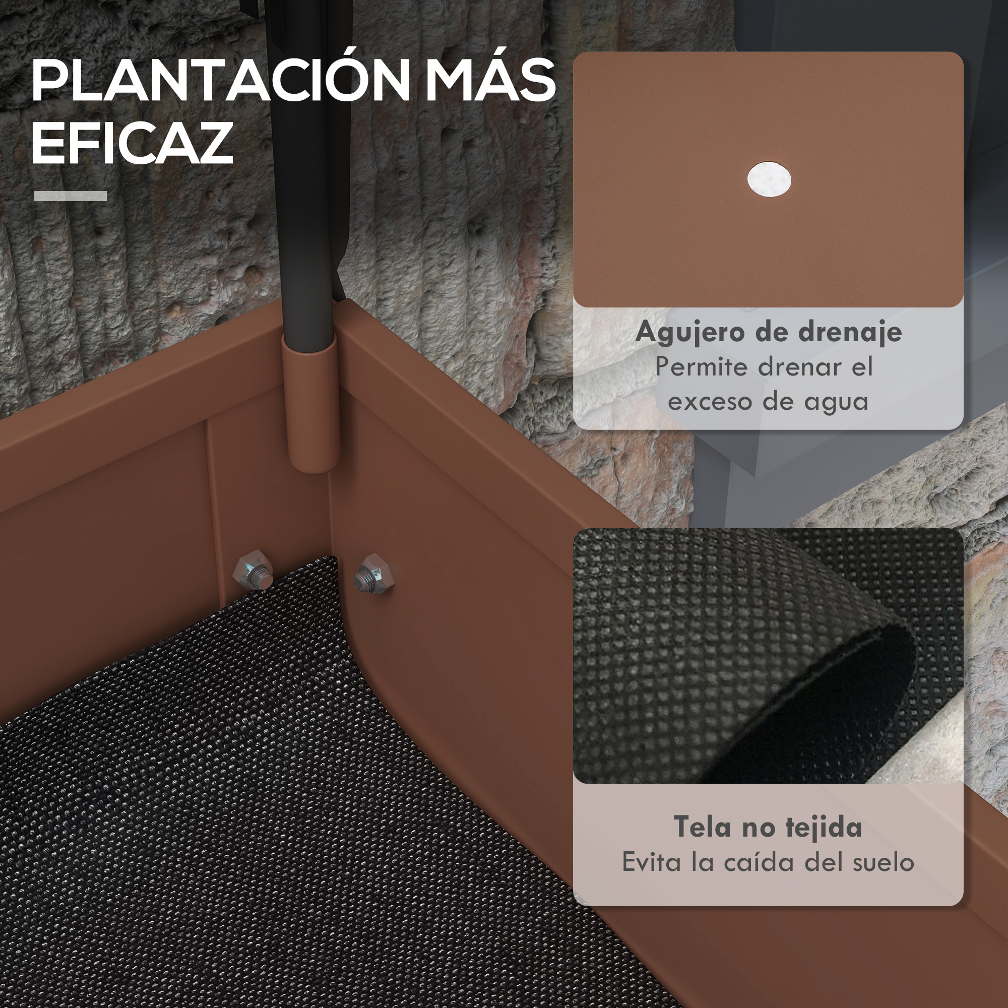 Maceta marrón con base de fieltro negro y agujero de drenaje.