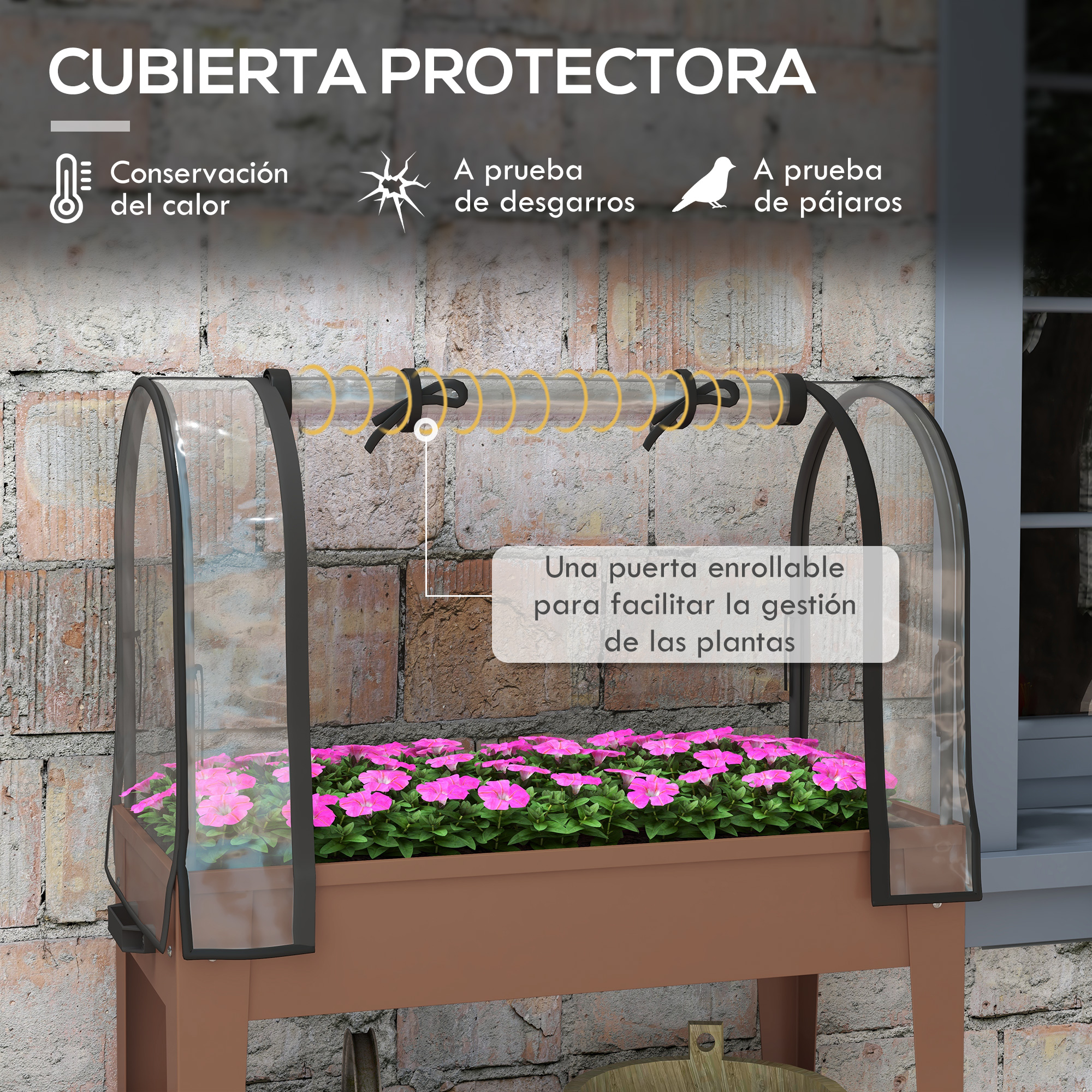 Un invernadero con flores rosas, que conserva calor, es resistente a roturas y a pájaros.