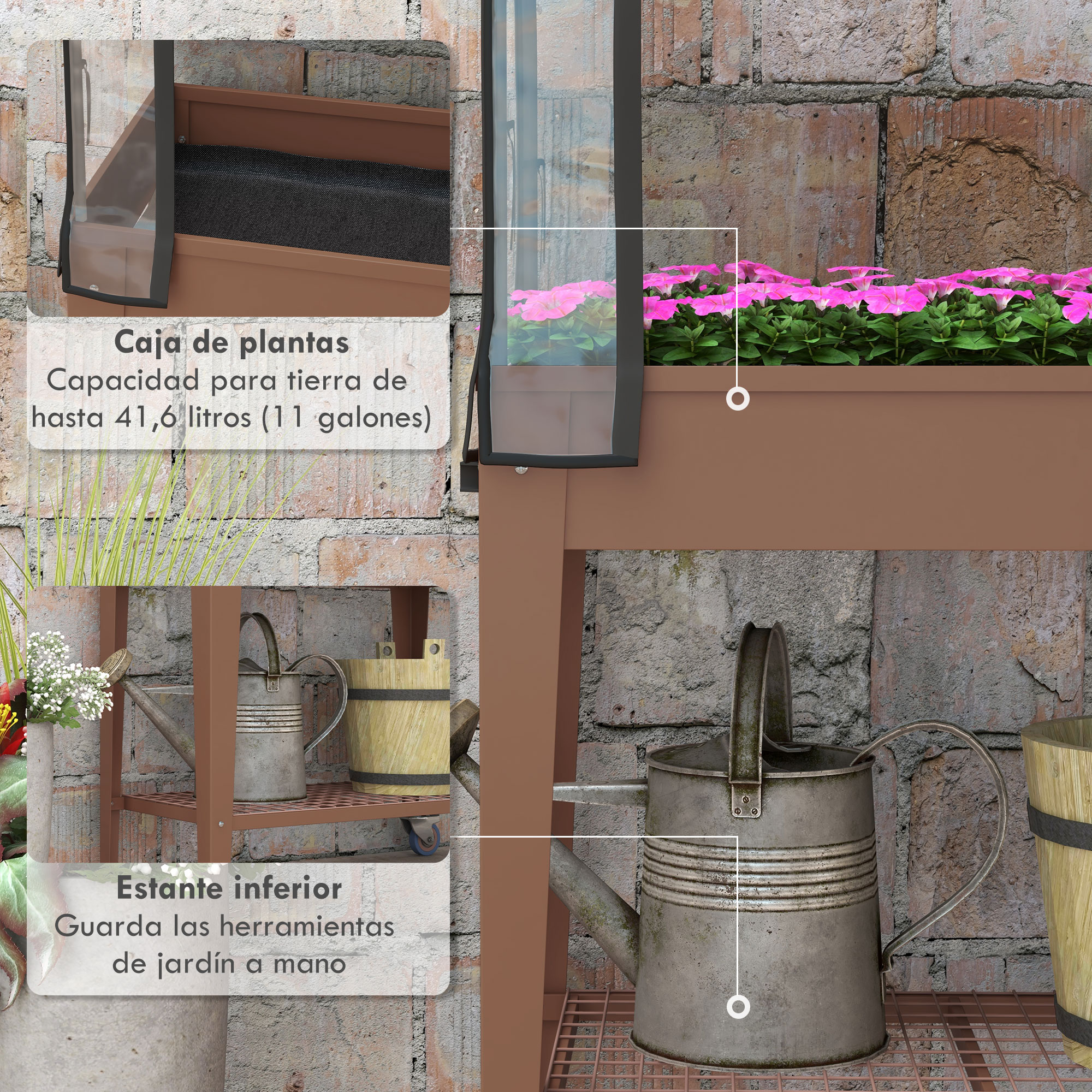 Invernadero marrón con flores rosas, regadera y barril de madera en estantes.