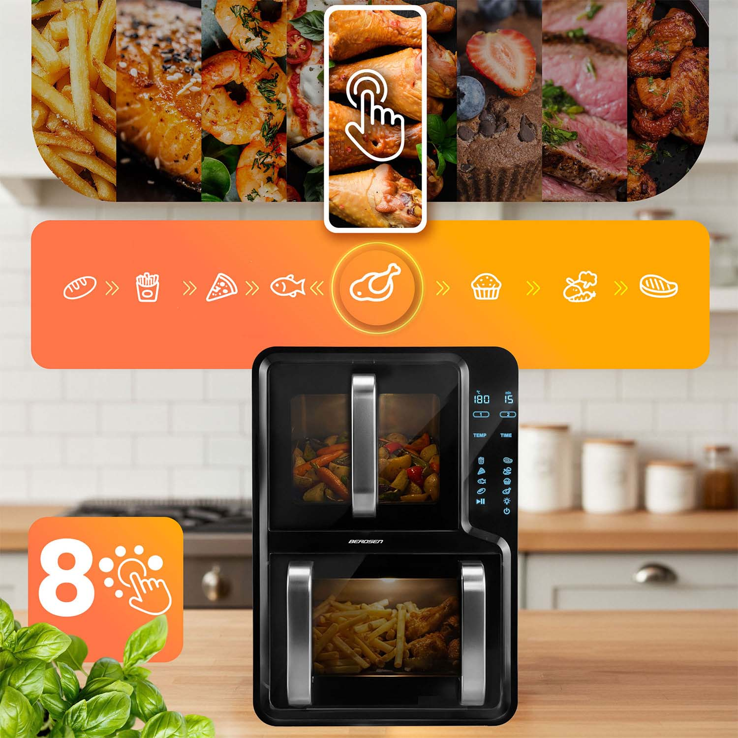 Frytkownica z 8 trybami gotowania, przygotowuje potrawy takie jak frytki i kurczak.