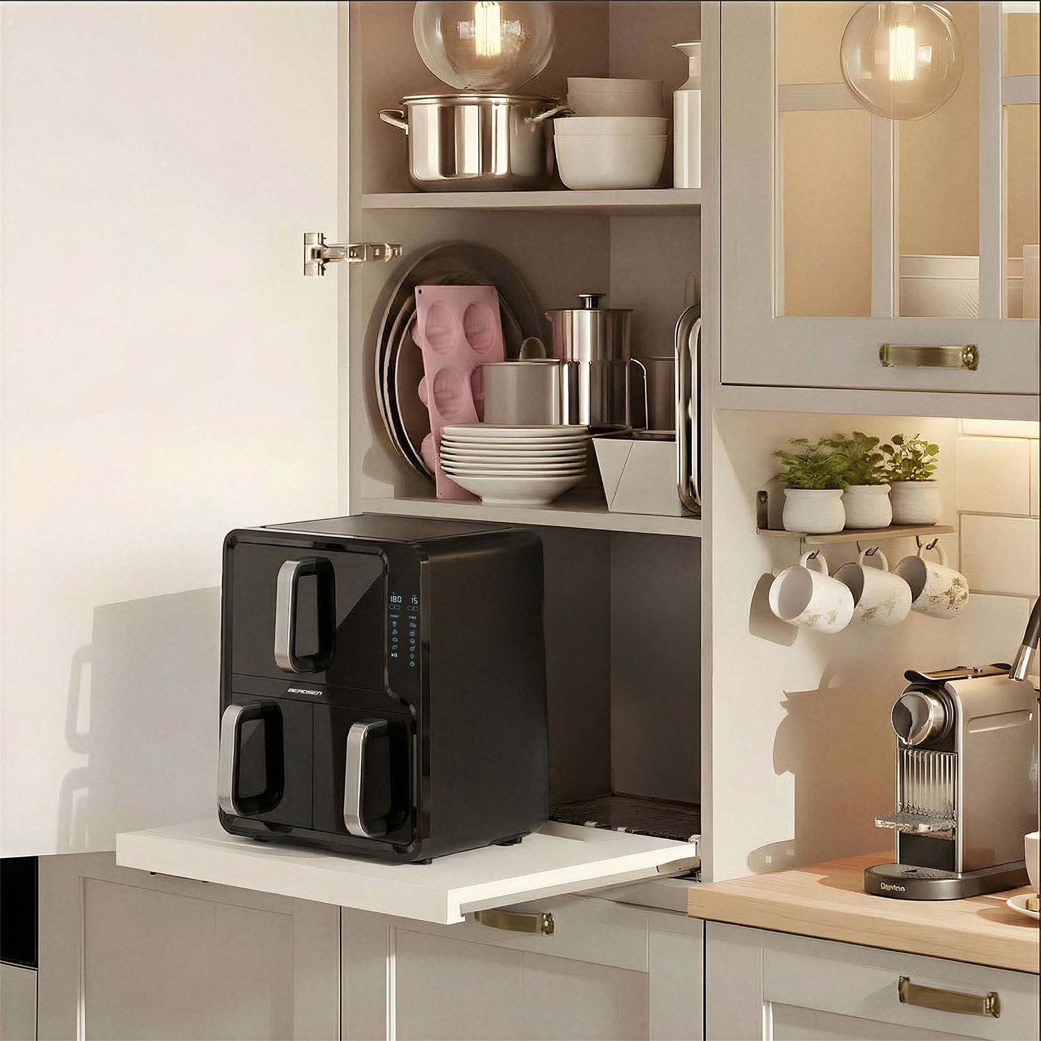 Czarna frytkownica beztłuszczowa z dwoma szufladami na wysuwanej półce.