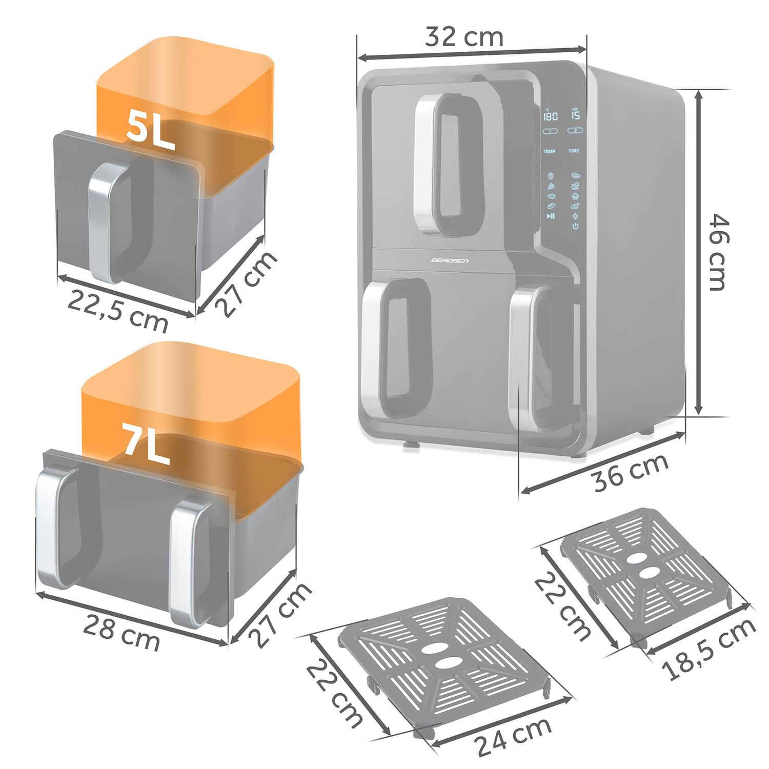Wymiary podwójnej frytkownicy beztłuszczowej z akcesoriami.